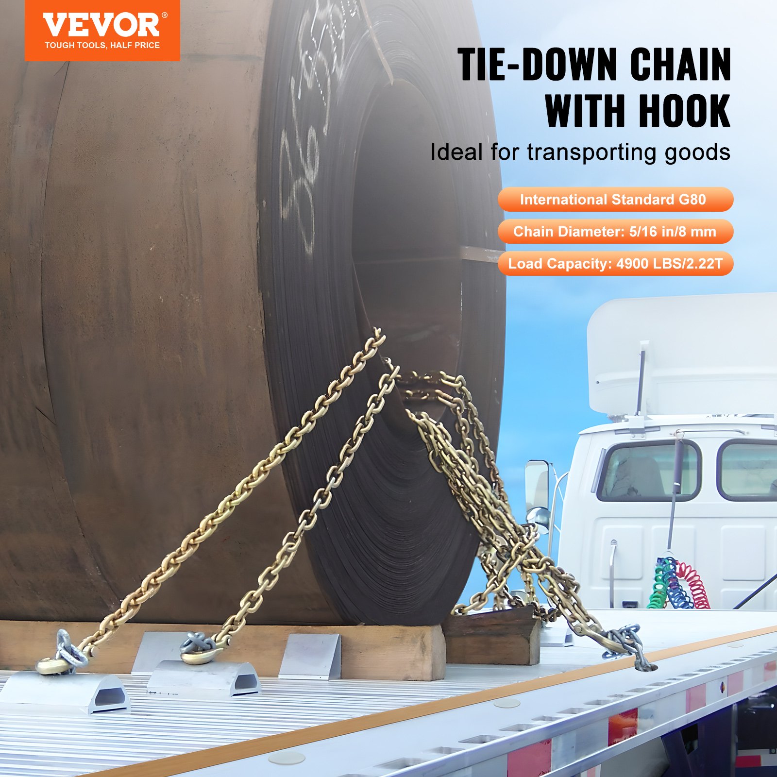 VEVOR Binder Chain G80 Tie Down Tow Chain with Two Hooks 5/16" x 10,3' 4900 lbs VEVOR Binder Chain G80 Tie Down Tow Chain with Two Hooks 5/16" x 10,3' 4900 lbs