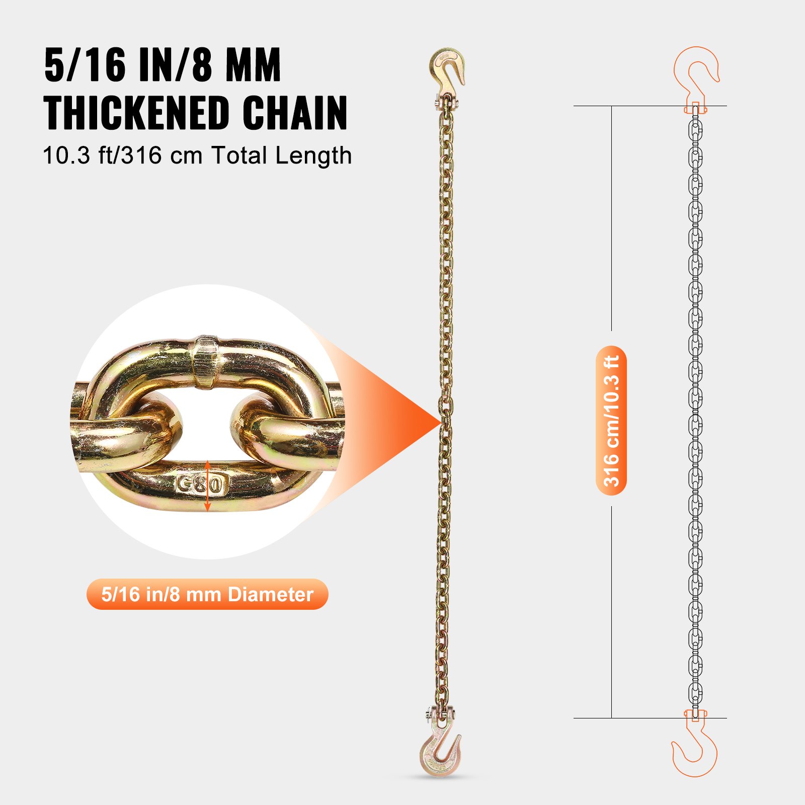 VEVOR Binder Chain G80 Tie Down Tow Chain with Two Hooks 5/16" x 10,3' 4900 lbs VEVOR Binder Chain G80 Tie Down Tow Chain with Two Hooks 5/16" x 10,3' 4900 lbs