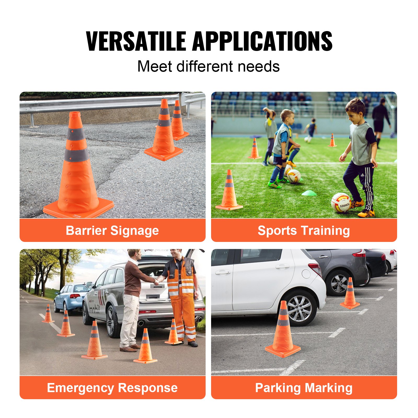 VEVOR Safety Cones, 4 Pack 18 ιντσών πτυσσόμενοι κώνοι κυκλοφορίας, κατασκευαστικοί κώνοι με ανακλαστικά κολάρα, φαρδιά βάση και τσάντα αποθήκευσης, για έλεγχο κυκλοφορίας, εκπαίδευση οδήγησης, χώροι στάθμευσης VEVOR Safety Cones, 4 Pack 18 ιντσών πτυσσόμενοι κώνοι κυκλοφορίας, κατασκευαστικοί κώνοι με ανακλαστικά κολάρα, φαρδιά βάση και τσάντα αποθήκευσης, για έλεγχο κυκλοφορίας, εκπαίδευση οδήγησης, χώροι στάθμευσης