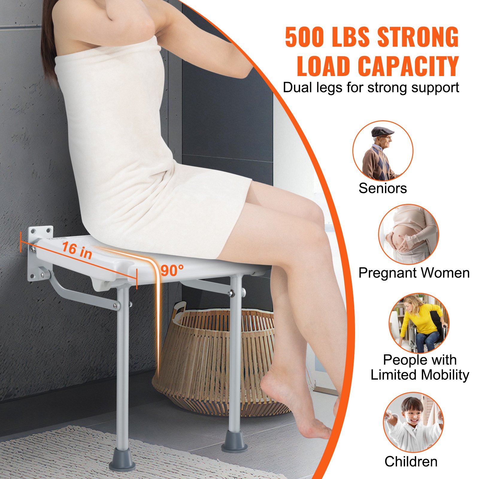 VEVOR Πτυσσόμενο κάθισμα ντους PE 15,7'' x 14,8'' Πάγκος ντους στον τοίχο 500 λίβρες VEVOR Πτυσσόμενο κάθισμα ντους PE 15,7'' x 14,8'' Πάγκος ντους στον τοίχο 500 λίβρες