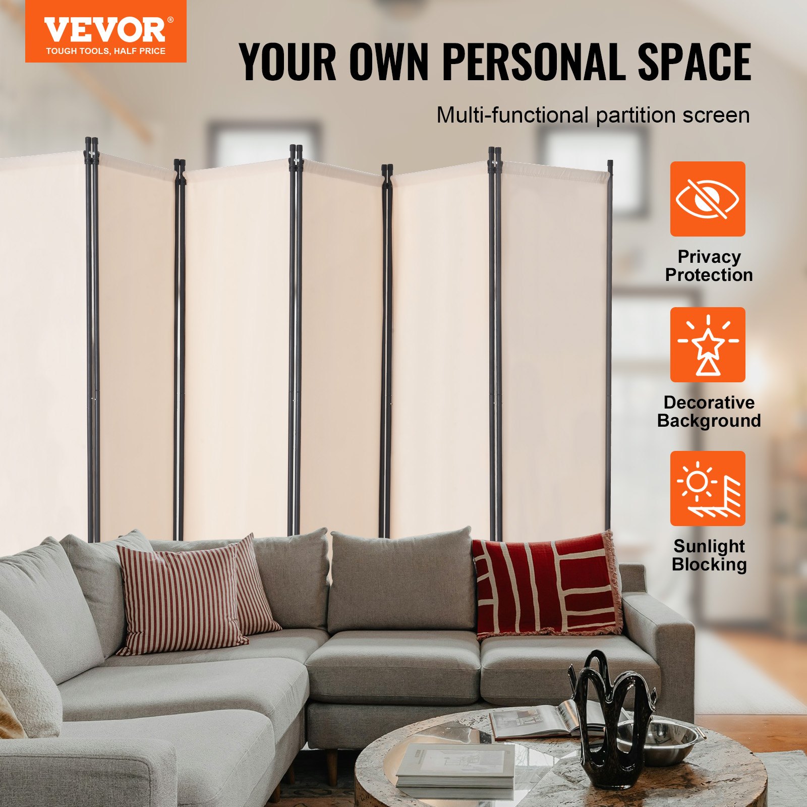 VEVOR Room Divider 6 Panels Fabric Room Privacy Screen for Office Bedroom Beige VEVOR Room Divider 6 Panels Fabric Room Privacy Screen for Office Bedroom Beige