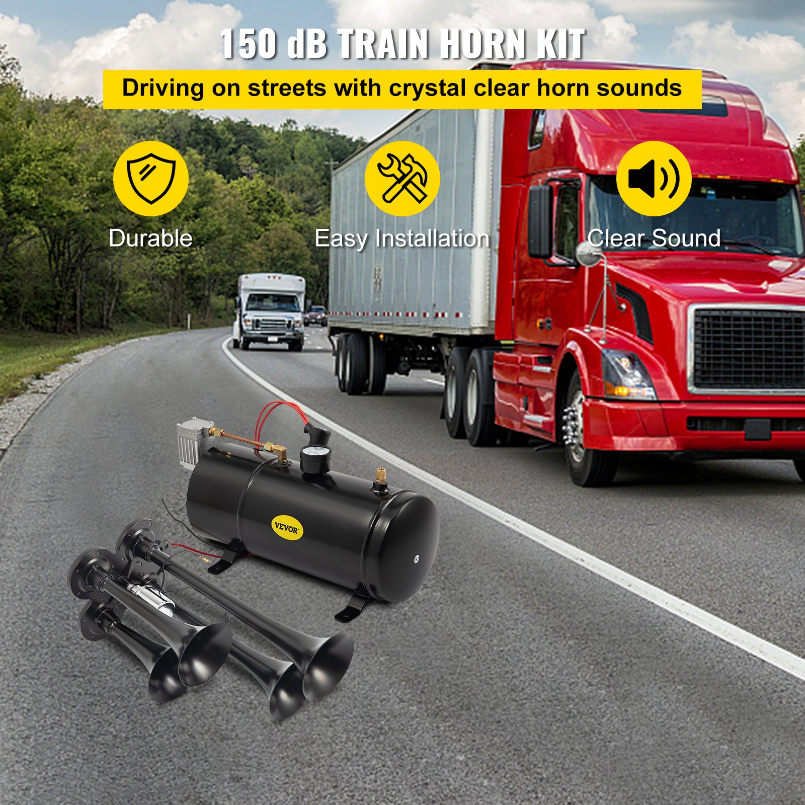 Νέο Quad 4 Train Air Horn Kit Semi Truck Boat με συμπιεστή 150 PSI 12V 3 λίτρα Νέο Quad 4 Train Air Horn Kit Semi Truck Boat με συμπιεστή 150 PSI 12V 3 λίτρα