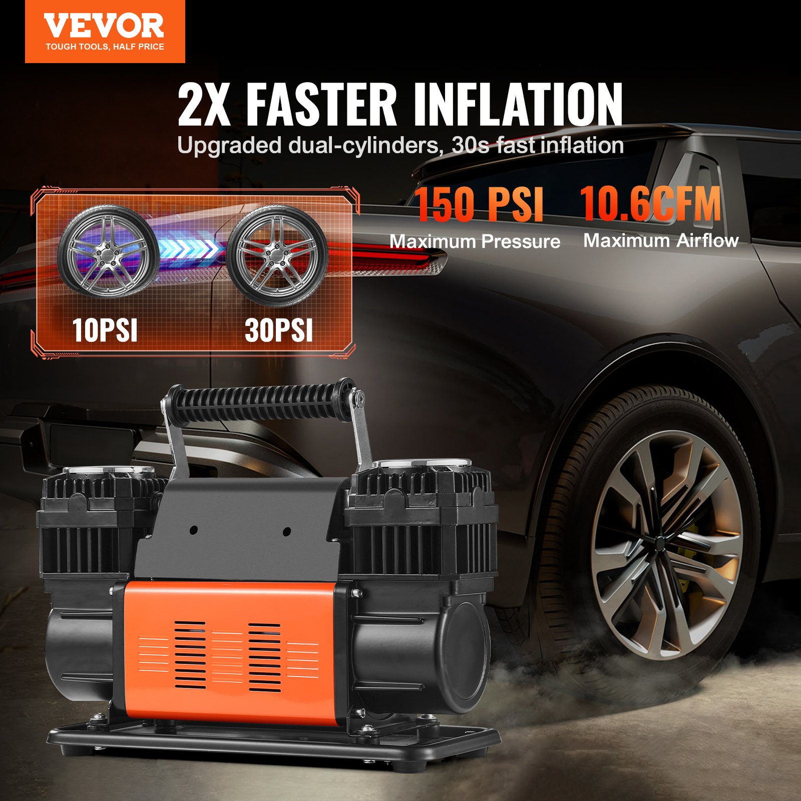VEVOR 10.6CFM φορητό φουσκωτό ελαστικών Dual-Cylinder Air Compressor 12V 150PSI VEVOR 10.6CFM φορητό φουσκωτό ελαστικών Dual-Cylinder Air Compressor 12V 150PSI