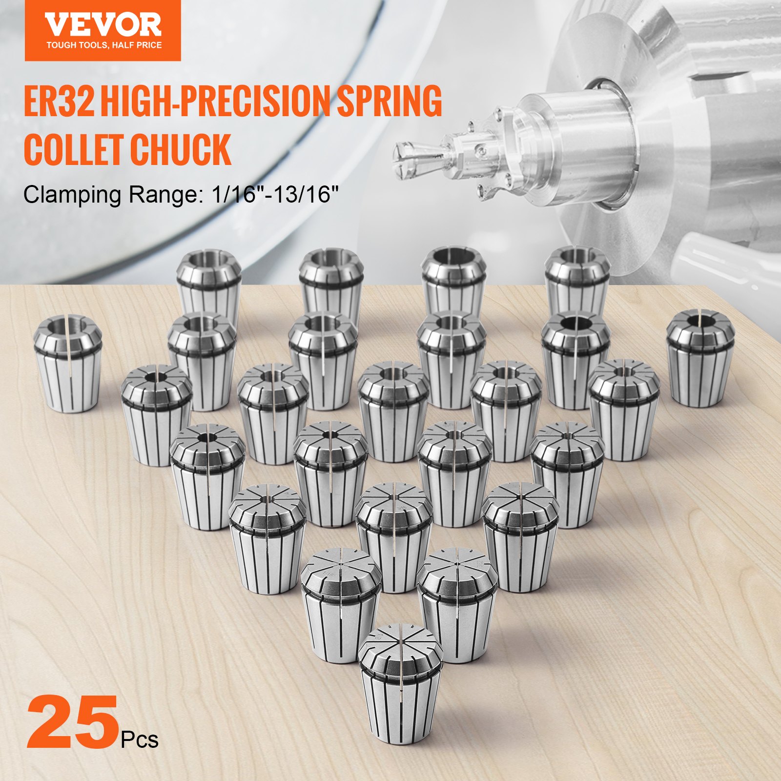 VEVOR 25 τεμ. ER32 Collet Set, 1/16''-13/16'', ER32 Spring Collet Chuck Set, 0,0006"/15 μm TIR Lathe Chuck Tool with 25 Labeled Storage Boxes, for CNC Graving Machine Press Milling Lathe Tool Drill VEVOR 25 τεμ. ER32 Collet Set, 1/16''-13/16'', ER32 Spring Collet Chuck Set, 0,0006"/15 μm TIR Lathe Chuck Tool with 25 Labeled Storage Boxes, for CNC Graving Machine Press Milling Lathe Tool Drill