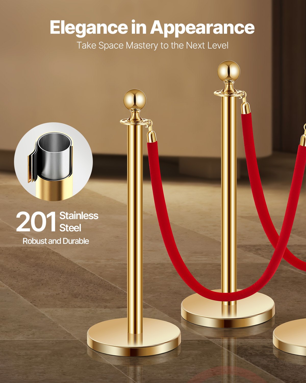 VEVOR 8 τμχ Gold Stanchion Post 6 Red Velvet Ropes Sand Injection Hollow Base VEVOR 8 τμχ Gold Stanchion Post 6 Red Velvet Ropes Sand Injection Hollow Base