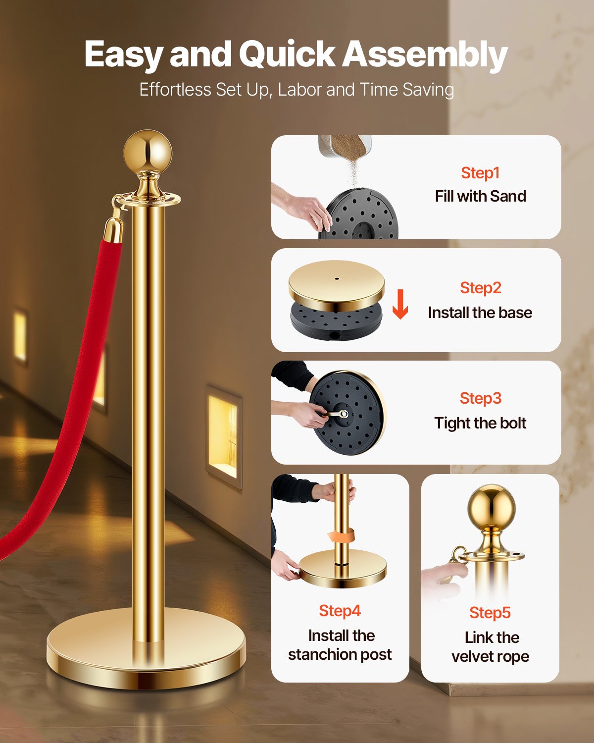 VEVOR 8 τμχ Gold Stanchion Post 6 Red Velvet Ropes Sand Injection Hollow Base VEVOR 8 τμχ Gold Stanchion Post 6 Red Velvet Ropes Sand Injection Hollow Base