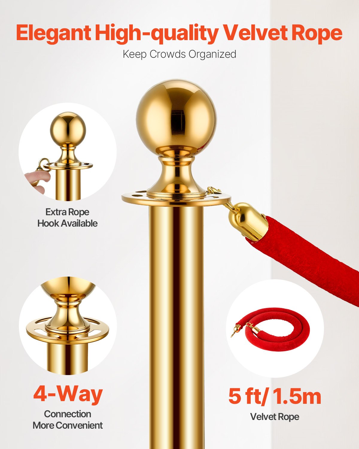 VEVOR 8 τμχ Gold Stanchion Post 6 Red Velvet Ropes Sand Injection Hollow Base VEVOR 8 τμχ Gold Stanchion Post 6 Red Velvet Ropes Sand Injection Hollow Base