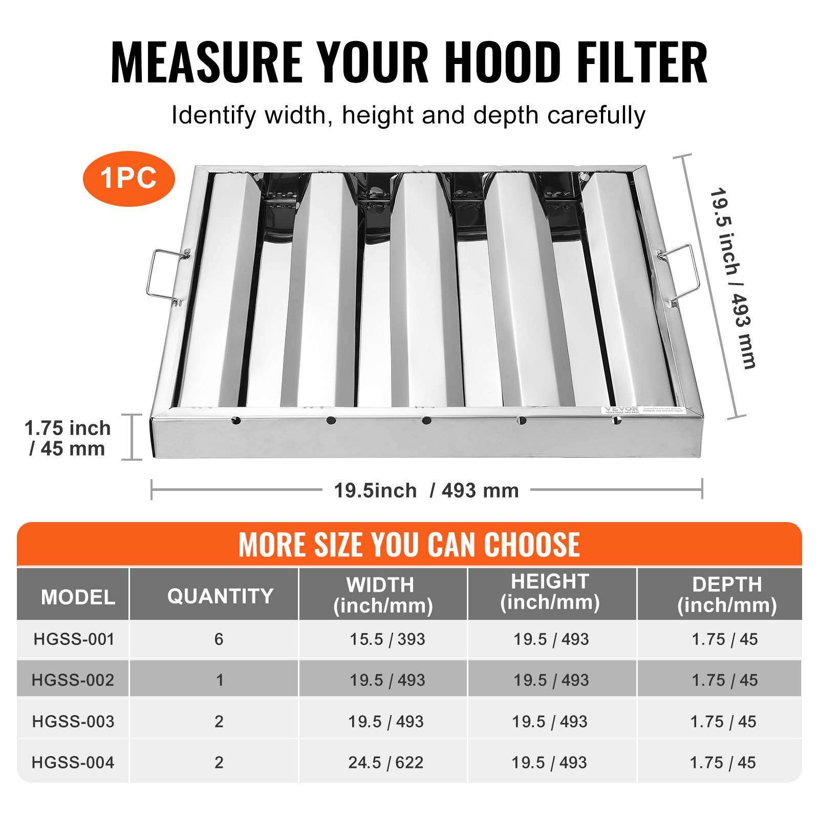 VEVOR 19,5Wx19,5H Inch Commercial Hood Filter Range Hood Διάφραγμα από ανοξείδωτο ατσάλι