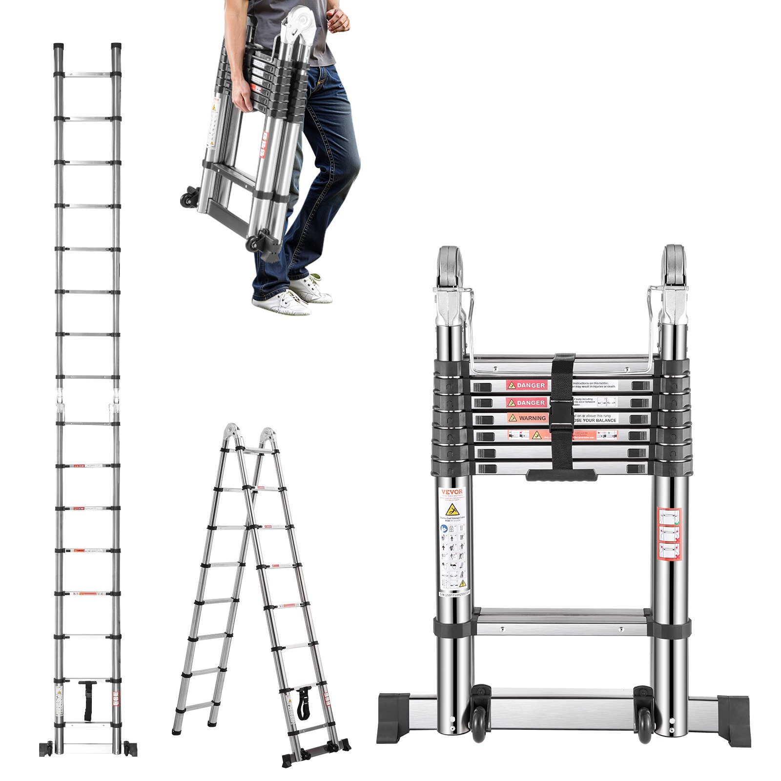 VEVOR Telescoping Ladder A-Frame Inox 16,5 ft Extension Ladders VEVOR Telescoping Ladder A-Frame Inox 16,5 ft Extension Ladders