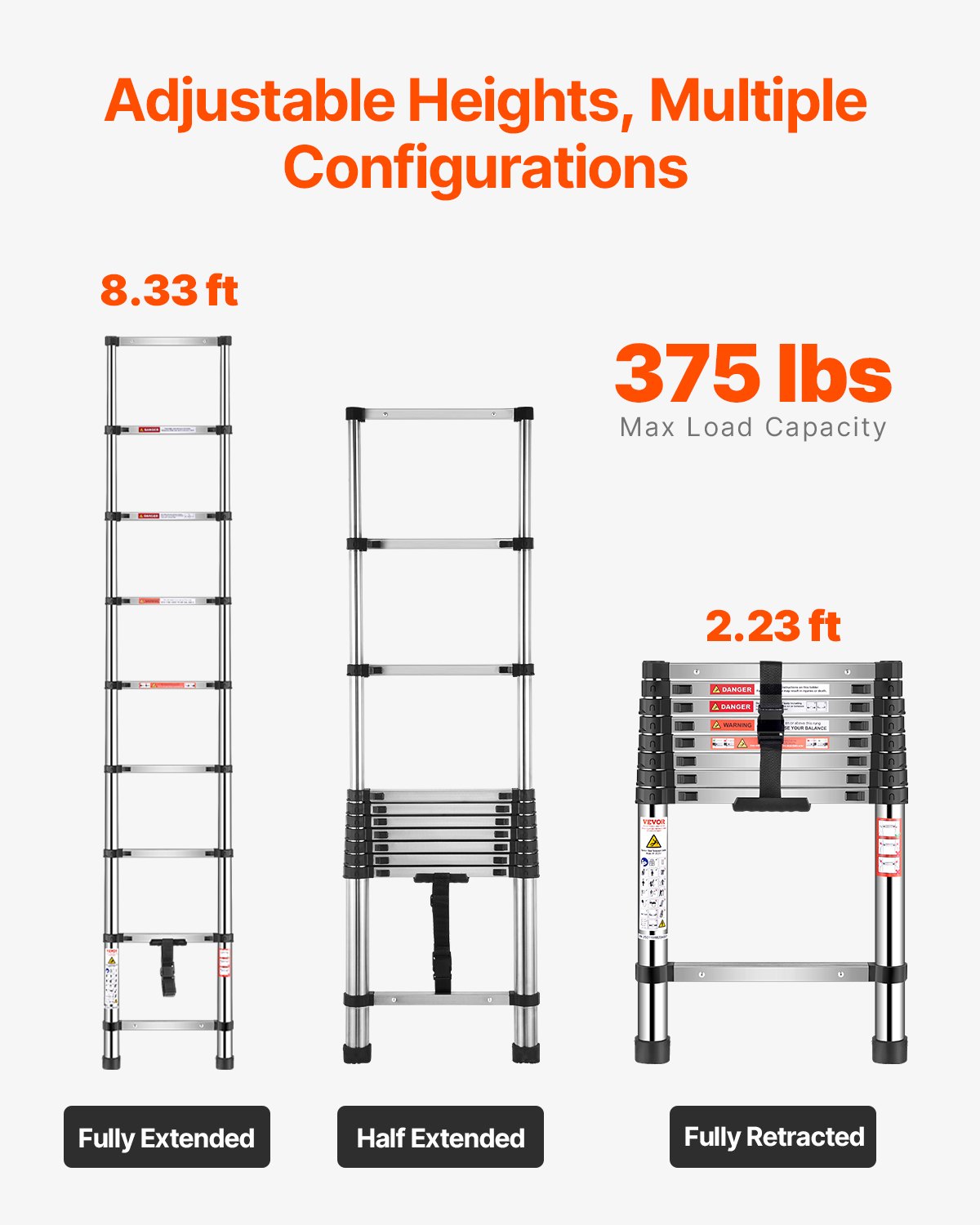 VEVOR Telescoping Ladder Stainless Steel Extension Step 8,5ft Portable Ladders VEVOR Telescoping Ladder Stainless Steel Extension Step 8,5ft Portable Ladders