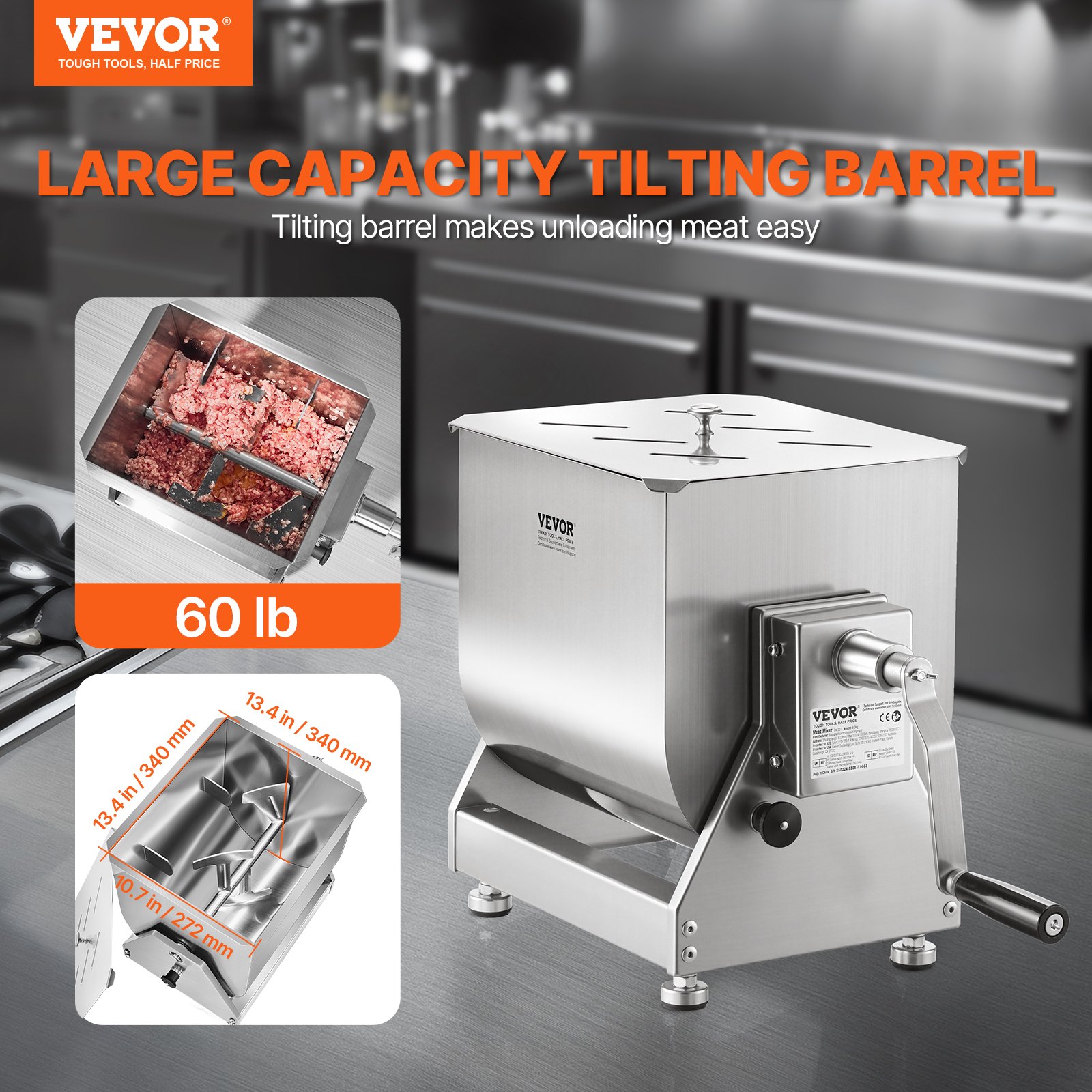 VEVOR Χειροκίνητο Μίξερ Κρέατος 60L με Δεξαμενή Ανάμειξης με Ανατροπή, Μέγιστη Χωρητικότητα 60LB για Μίξερ Κρέατος και Λουκάνικου VEVOR Χειροκίνητο Μίξερ Κρέατος 60L με Δεξαμενή Ανάμειξης με Ανατροπή, Μέγιστη Χωρητικότητα 60LB για Μίξερ Κρέατος και Λουκάνικου