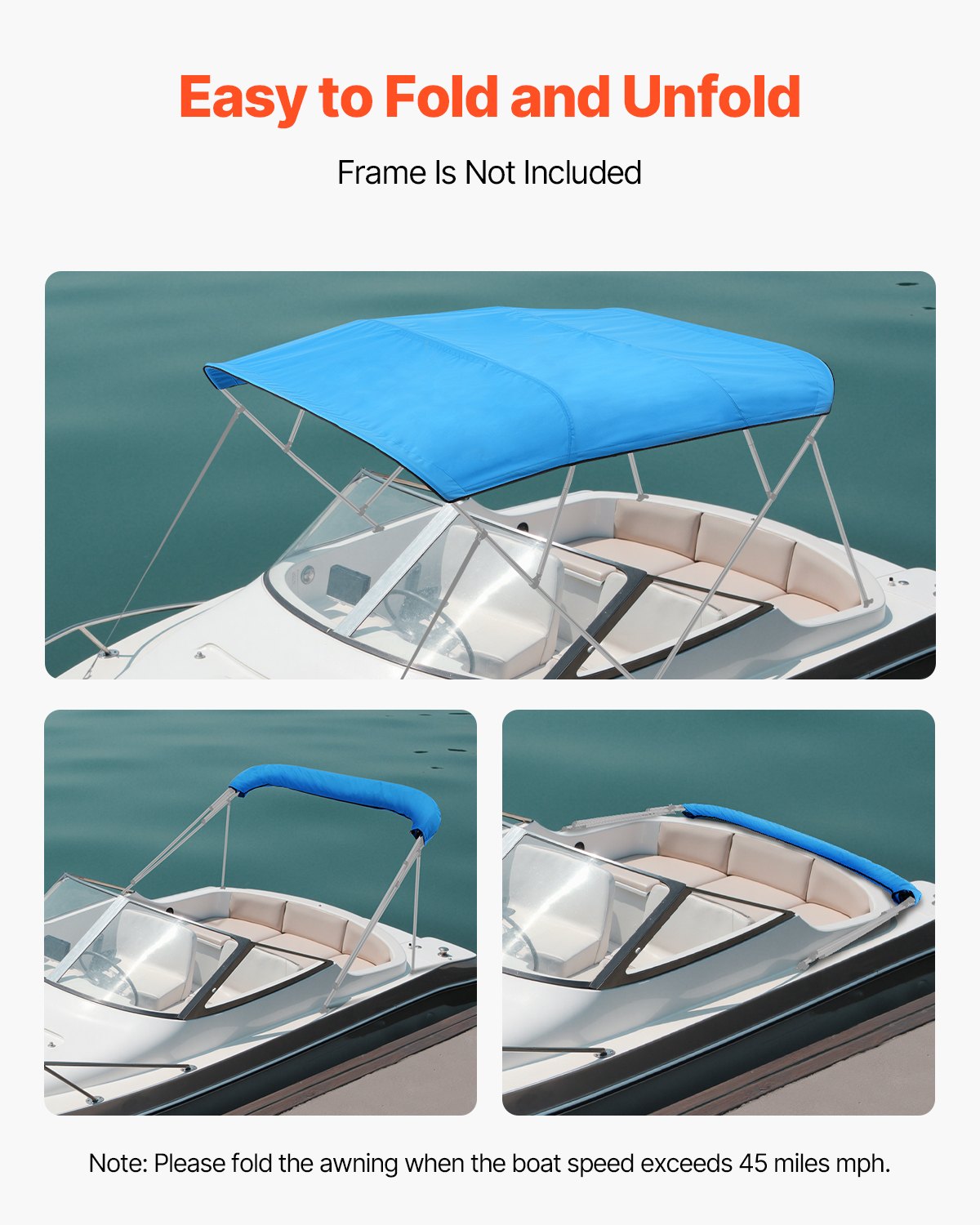 VEVOR 4 Bow Boat Bimini Tops 96"Lx(91"-96")W Bimini Top Replacement Pacific Blue VEVOR 4 Bow Boat Bimini Tops 96"Lx(91"-96")W Bimini Top Replacement Pacific Blue