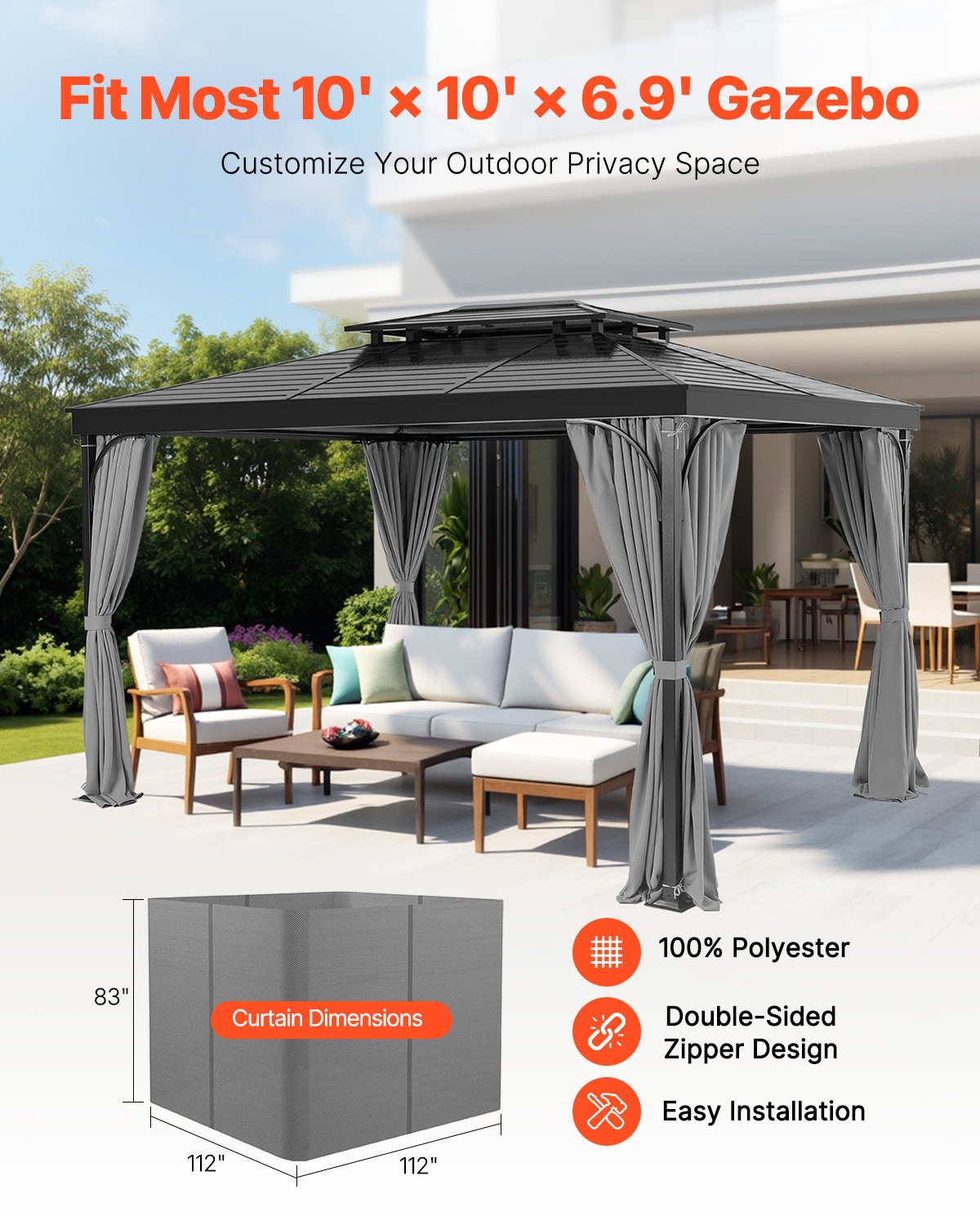VEVOR Κουρτίνα Κιόσκι Privacy 10' x 10' x 6,9' Αδιάβροχες κουρτίνες κιόσκι Γκρι VEVOR Κουρτίνα Κιόσκι Privacy 10' x 10' x 6,9' Αδιάβροχες κουρτίνες κιόσκι Γκρι