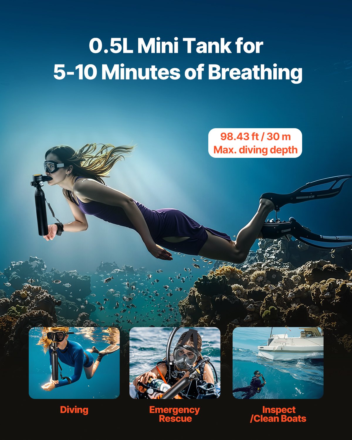 VEVOR 0.5L Scuba Tank 98.43ft Depth Diving Refillable Snorkel Air Tank with Pump VEVOR 0.5L Scuba Tank 98.43ft Depth Diving Refillable Snorkel Air Tank with Pump