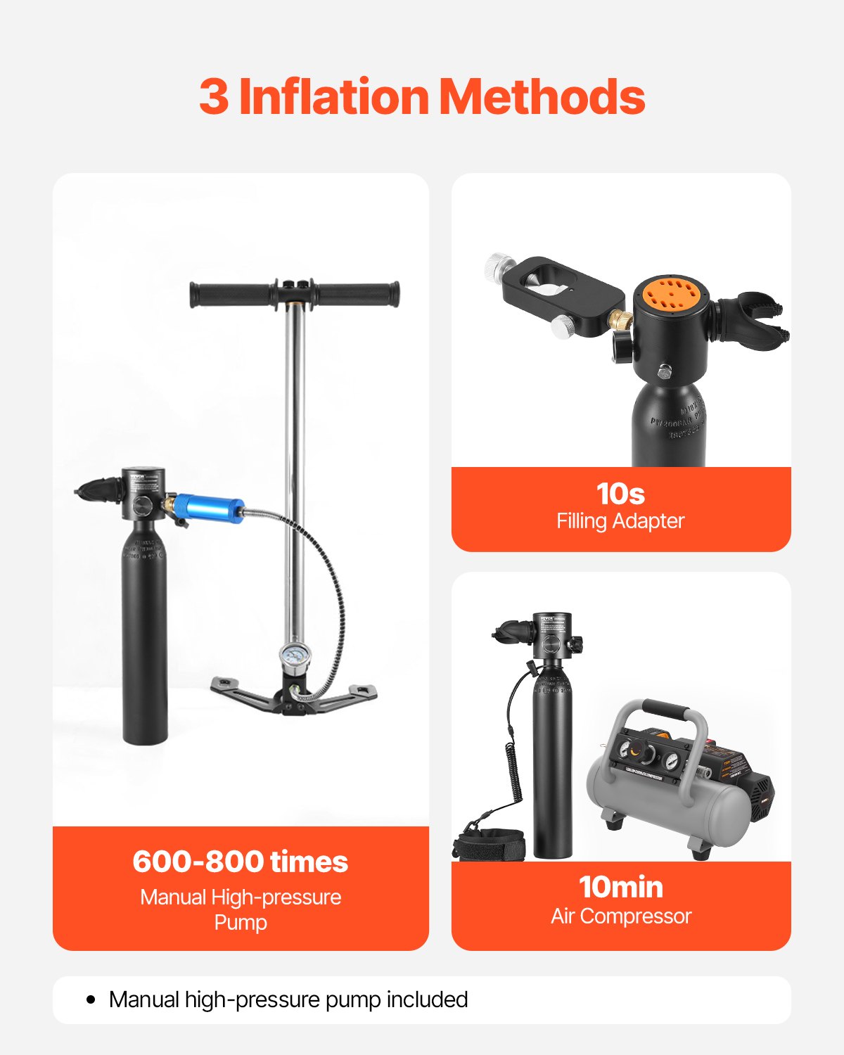 VEVOR 0.5L Scuba Tank 98.43ft Depth Diving Refillable Snorkel Air Tank with Pump VEVOR 0.5L Scuba Tank 98.43ft Depth Diving Refillable Snorkel Air Tank with Pump