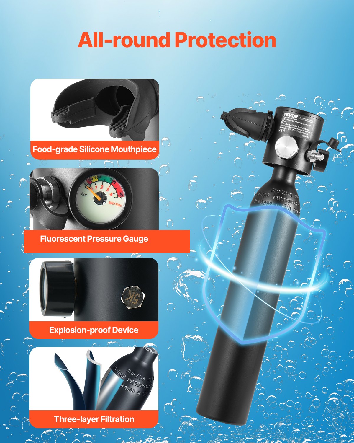 VEVOR 0.5L Scuba Tank 98.43ft Depth Diving Refillable Snorkel Air Tank with Pump VEVOR 0.5L Scuba Tank 98.43ft Depth Diving Refillable Snorkel Air Tank with Pump