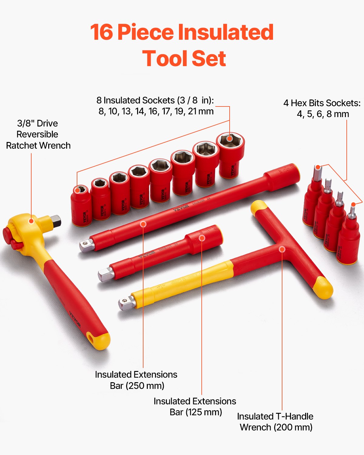 VEVOR Insulated Socket Set 16-Pece Insulated Socket Tool with T-Handle Wrench VEVOR Insulated Socket Set 16-Pece Insulated Socket Tool with T-Handle Wrench