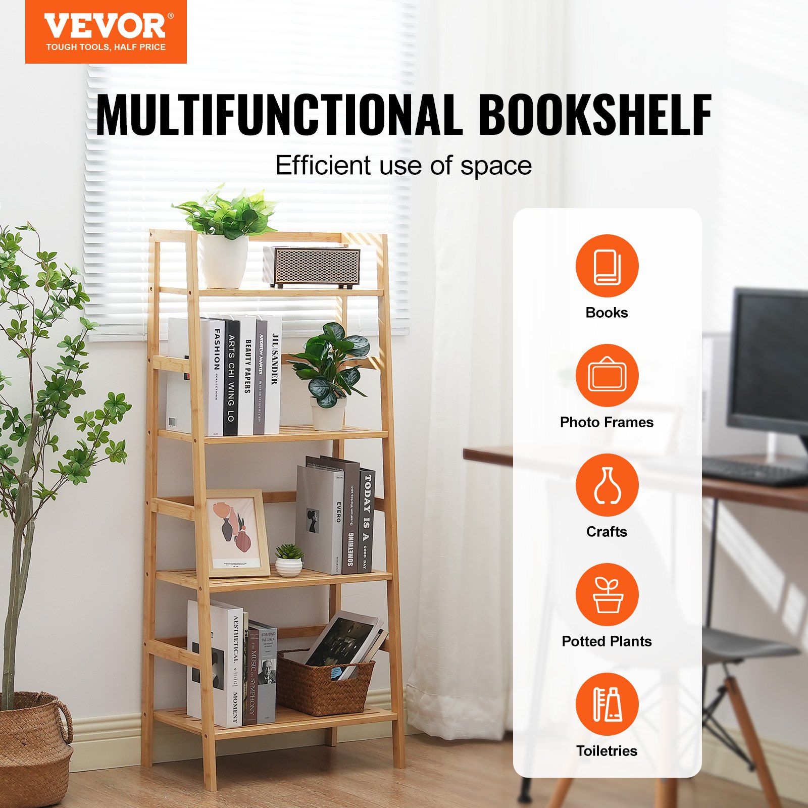 VEVOR Bamboo Bookshelf 4 Tiers Bamboo Ladder Βιβλιοθήκη τραπεζοειδές ράφι αποθήκευσης VEVOR Bamboo Bookshelf 4 Tiers Bamboo Ladder Βιβλιοθήκη τραπεζοειδές ράφι αποθήκευσης