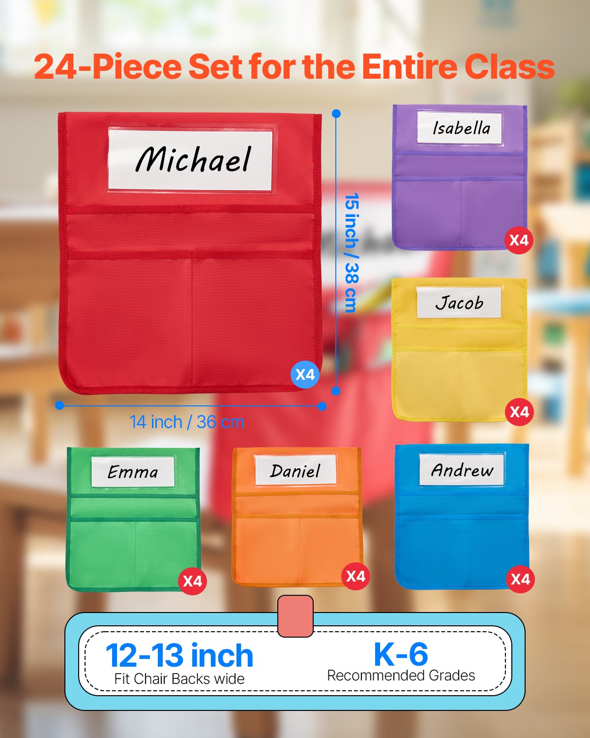 Θήκες καρέκλας VEVOR για τάξη, 24 τσέπες καθίσματος με ετικέτα ονόματος, πολύχρωμες Θήκες καρέκλας VEVOR για τάξη, 24 τσέπες καθίσματος με ετικέτα ονόματος, πολύχρωμες