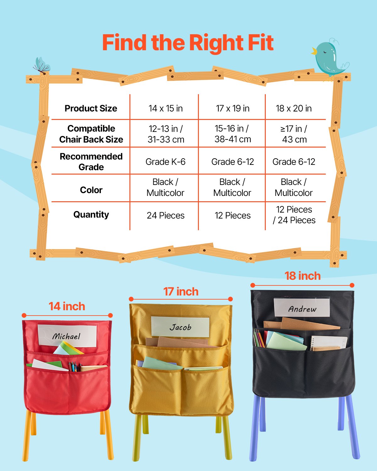 Θήκες καρέκλας VEVOR για τάξη, 24 τσέπες καθίσματος με ετικέτα ονόματος, πολύχρωμες Θήκες καρέκλας VEVOR για τάξη, 24 τσέπες καθίσματος με ετικέτα ονόματος, πολύχρωμες