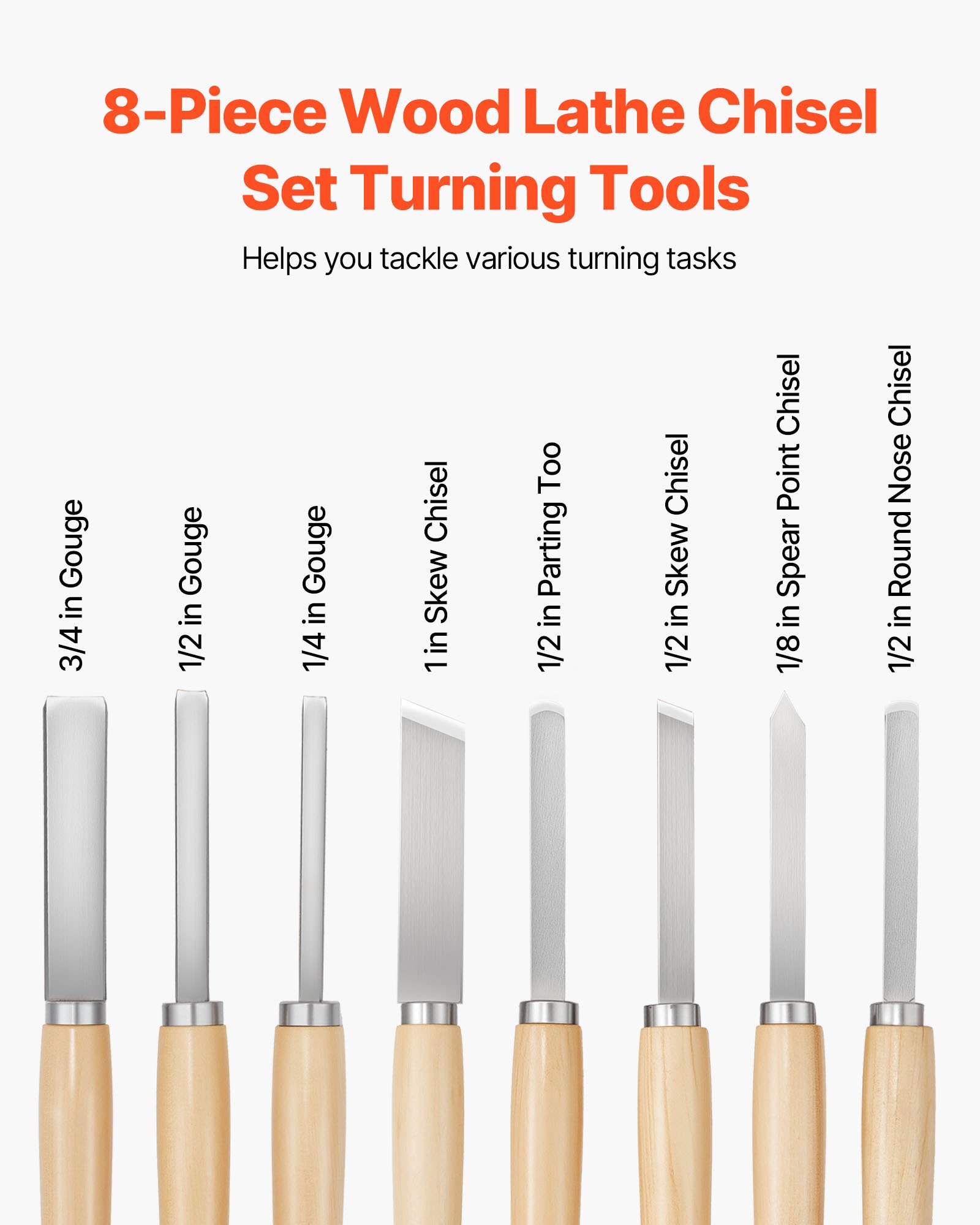 Σετ σμιλών τόρνου ξύλου VEVOR 8 τεμαχίων, εργαλεία τόρνου ξύλου, ατσάλινες λεπίδες, φινιριστής τόρνου Σετ σμιλών τόρνου ξύλου VEVOR 8 τεμαχίων, εργαλεία τόρνου ξύλου, ατσάλινες λεπίδες, φινιριστής τόρνου