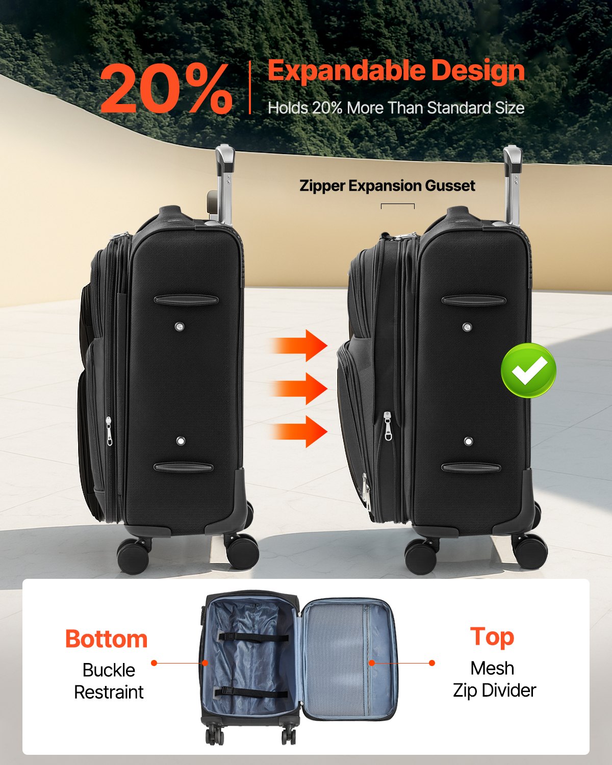 20-Inch Softside Expandable Luggage with Spinner Wheels Carry on Suitcase Black | VEVOR US 20-Inch Softside Expandable Luggage with Spinner Wheels Carry on Suitcase Black | VEVOR US