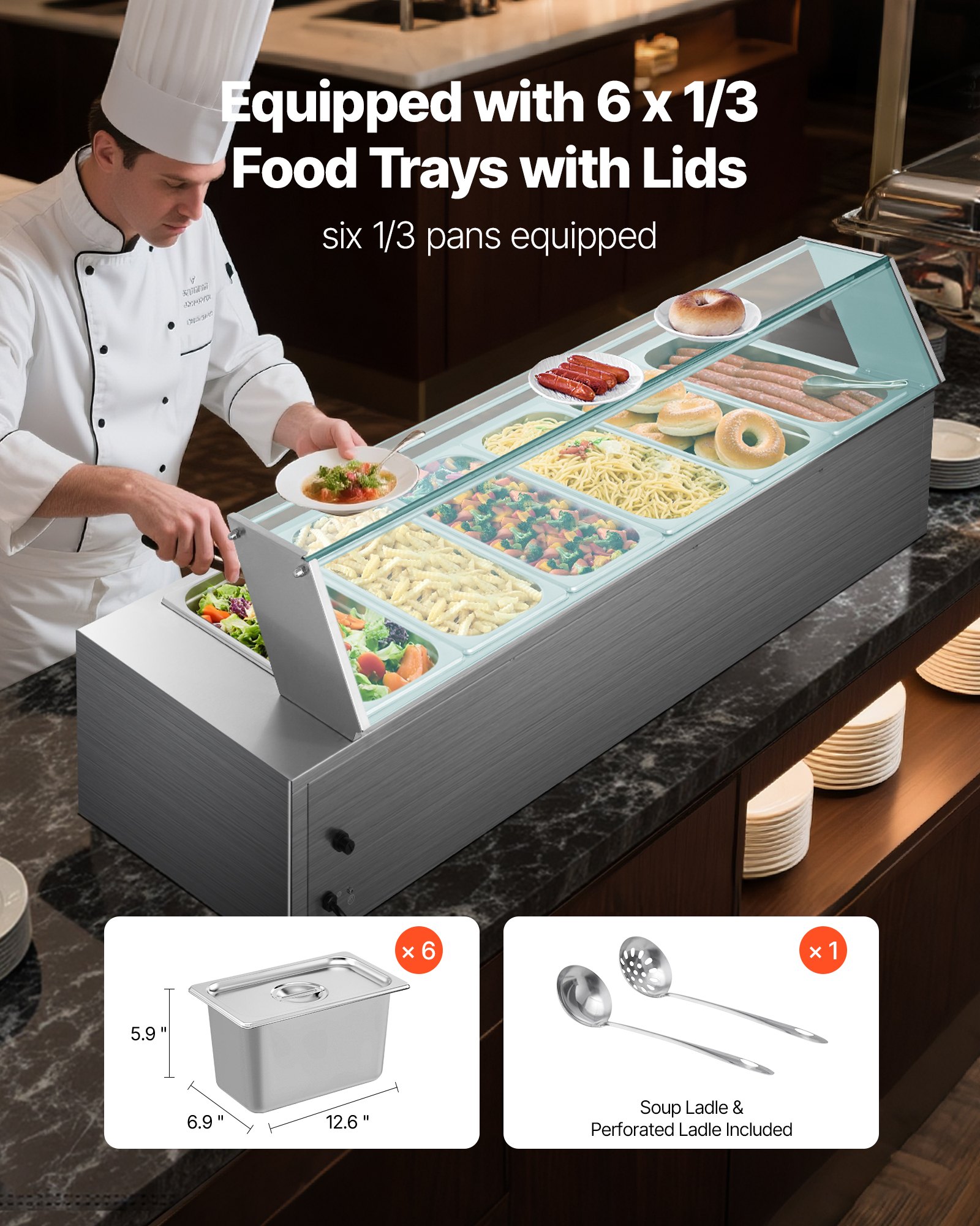 VEVOR Επαγγελματικός Θερμαντήρας Φαγητού 6 x 1/3 Τηγάνια Μπεν Μαρί Μπουφέ με Γυάλινο Κάλυμμα VEVOR Επαγγελματικός Θερμαντήρας Φαγητού 6 x 1/3 Τηγάνια Μπεν Μαρί Μπουφέ με Γυάλινο Κάλυμμα