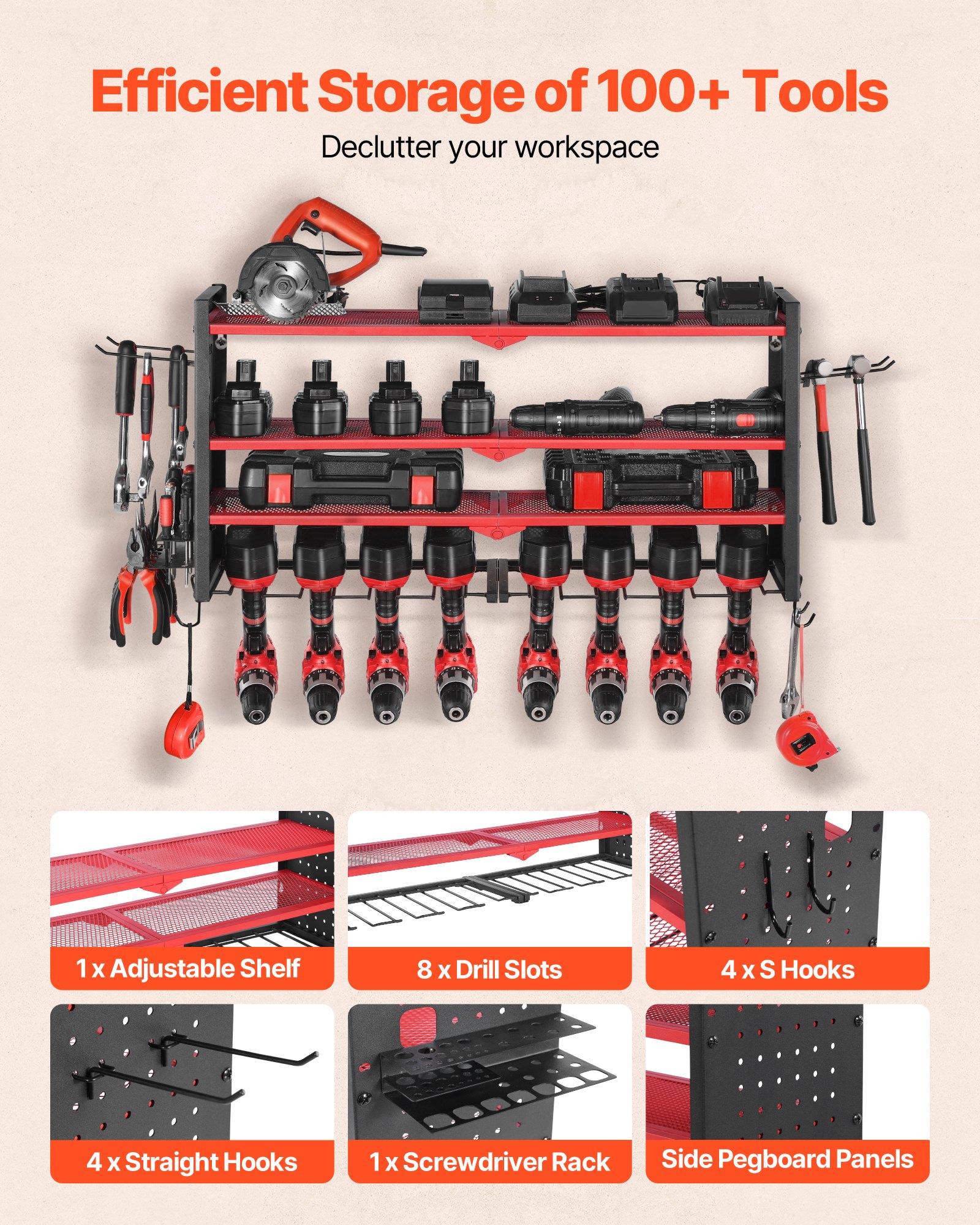 Οργάνωση ηλεκτρικών εργαλείων VEVOR για τοποθέτηση στον τοίχο, βάση αποθήκευσης 4 επιπέδων με 8 βάσεις τρυπανιών, βάση εργαλείων και βάση αποθήκευσης με πλαϊνά καρφιά, οργάνωση εργαλείων γκαράζ για γκαράζ, πάγκο εργασίας και εργαστήριο Οργάνωση ηλεκτρικών εργαλείων VEVOR για τοποθέτηση στον τοίχο, βάση αποθήκευσης 4 επιπέδων με 8 βάσεις τρυπανιών, βάση εργαλείων και βάση αποθήκευσης με πλαϊνά καρφιά, οργάνωση εργαλείων γκαράζ για γκαράζ, πάγκο εργασίας και εργαστήριο