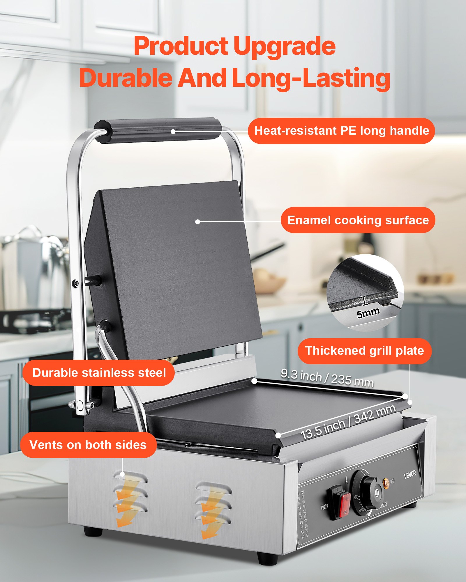 VEVOR Επαγγελματική Ψησταριά Panini, Ηλεκτρική Μηχανή Panini για Σάντουιτς 2200W, Πρέσα Σάντουιτς από Ανοξείδωτο Ατσάλι με Λαβή και Έλεγχο Θερμοκρασίας, Πλάκα από Σμάλτο 34x23 cm, για Χάμπουργκερ, Μοσχάρι και Μπέικον VEVOR Επαγγελματική Ψησταριά Panini, Ηλεκτρική Μηχανή Panini για Σάντουιτς 2200W, Πρέσα Σάντουιτς από Ανοξείδωτο Ατσάλι με Λαβή και Έλεγχο Θερμοκρασίας, Πλάκα από Σμάλτο 34x23 cm, για Χάμπουργκερ, Μοσχάρι και Μπέικον