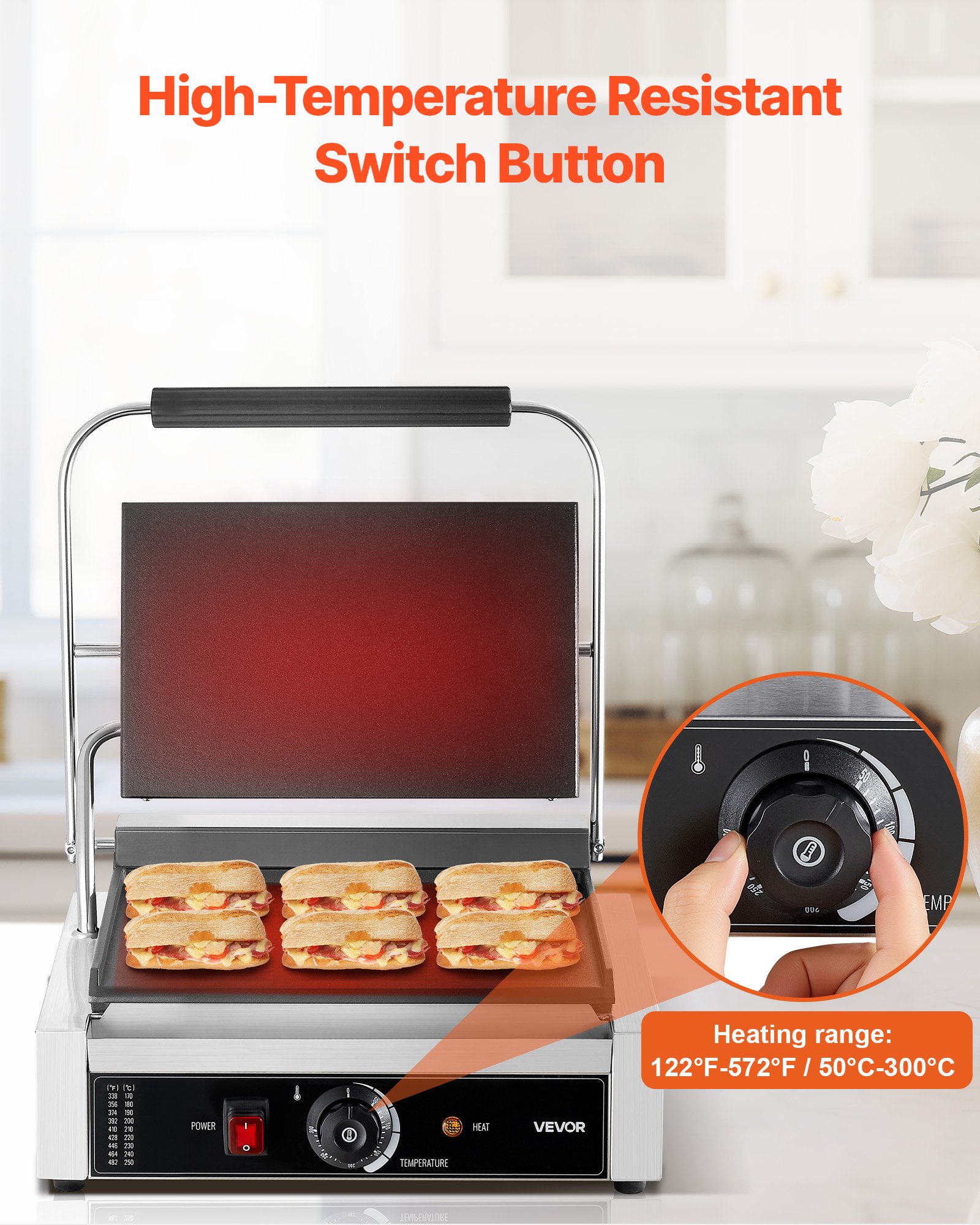 VEVOR Επαγγελματική Ψησταριά Panini, Ηλεκτρική Μηχανή Panini για Σάντουιτς 2200W, Πρέσα Σάντουιτς από Ανοξείδωτο Ατσάλι με Λαβή και Έλεγχο Θερμοκρασίας, Πλάκα από Σμάλτο 34x23 cm, για Χάμπουργκερ, Μοσχάρι και Μπέικον VEVOR Επαγγελματική Ψησταριά Panini, Ηλεκτρική Μηχανή Panini για Σάντουιτς 2200W, Πρέσα Σάντουιτς από Ανοξείδωτο Ατσάλι με Λαβή και Έλεγχο Θερμοκρασίας, Πλάκα από Σμάλτο 34x23 cm, για Χάμπουργκερ, Μοσχάρι και Μπέικον