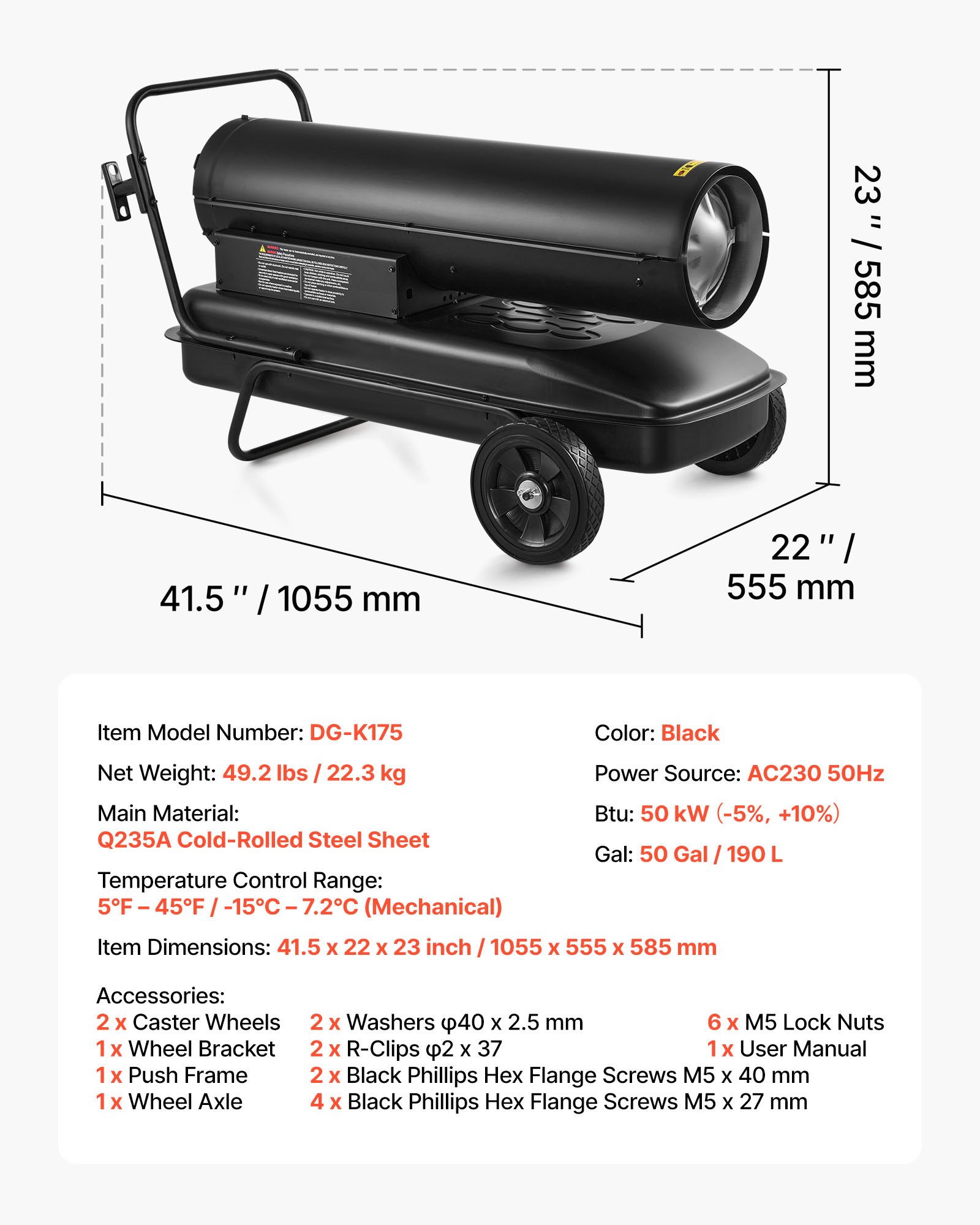 Θερμαντήρας κηροζίνης ντίζελ VEVOR 50kW με εξαναγκασμένο αέρα, φορητός θερμαντήρας χώρου τορπίλης με ρόδες και ρυθμιζόμενη θερμοκρασία, τύπου φυσητήρα για εργοτάξια/γκαράζ/αποθήκη/εργαστήριο/εξωτερική θέρμανση, μαύρο Θερμαντήρας κηροζίνης ντίζελ VEVOR 50kW με εξαναγκασμένο αέρα, φορητός θερμαντήρας χώρου τορπίλης με ρόδες και ρυθμιζόμενη θερμοκρασία, τύπου φυσητήρα για εργοτάξια/γκαράζ/αποθήκη/εργαστήριο/εξωτερική θέρμανση, μαύρο