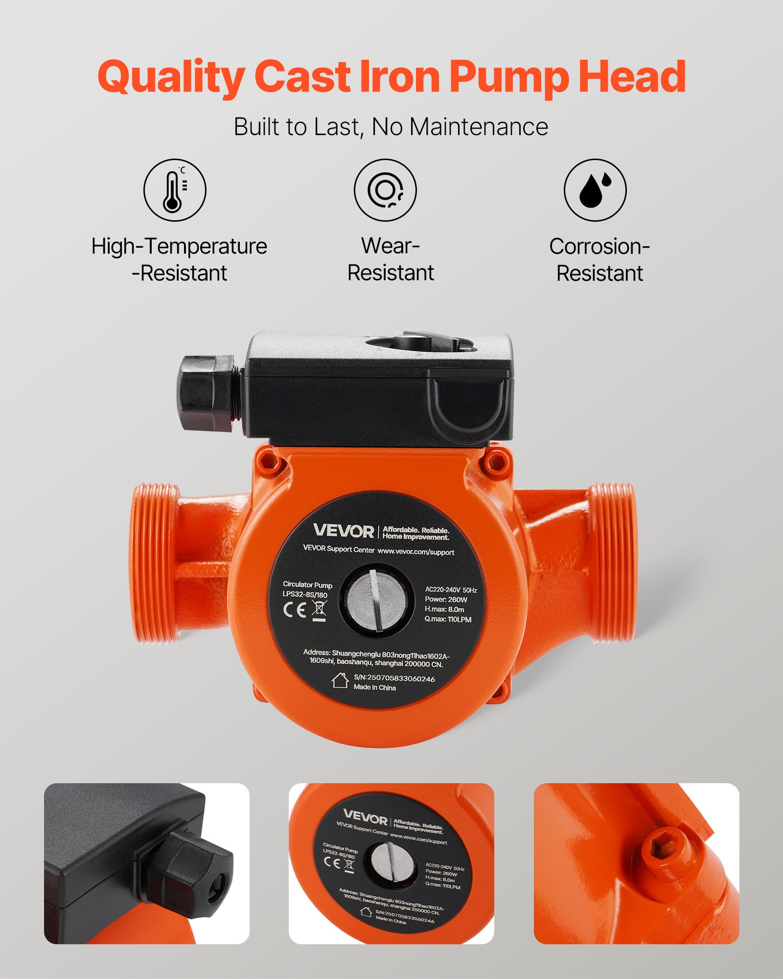 Κυκλοφορητής VEVOR LPS32-8S/180 από χυτοσίδηρο, 3/8 HP, 220-240V 110 LPM, Αντλία κυκλοφορίας ζεστού νερού με ανακυκλοφορία, σύνδεση με σπείρωμα, ρύθμιση 3 ταχυτήτων, αθόρυβη λειτουργία, για σύστημα θέρμανσης σπιτιού Κυκλοφορητής VEVOR LPS32-8S/180 από χυτοσίδηρο, 3/8 HP, 220-240V 110 LPM, Αντλία κυκλοφορίας ζεστού νερού με ανακυκλοφορία, σύνδεση με σπείρωμα, ρύθμιση 3 ταχυτήτων, αθόρυβη λειτουργία, για σύστημα θέρμανσης σπιτιού