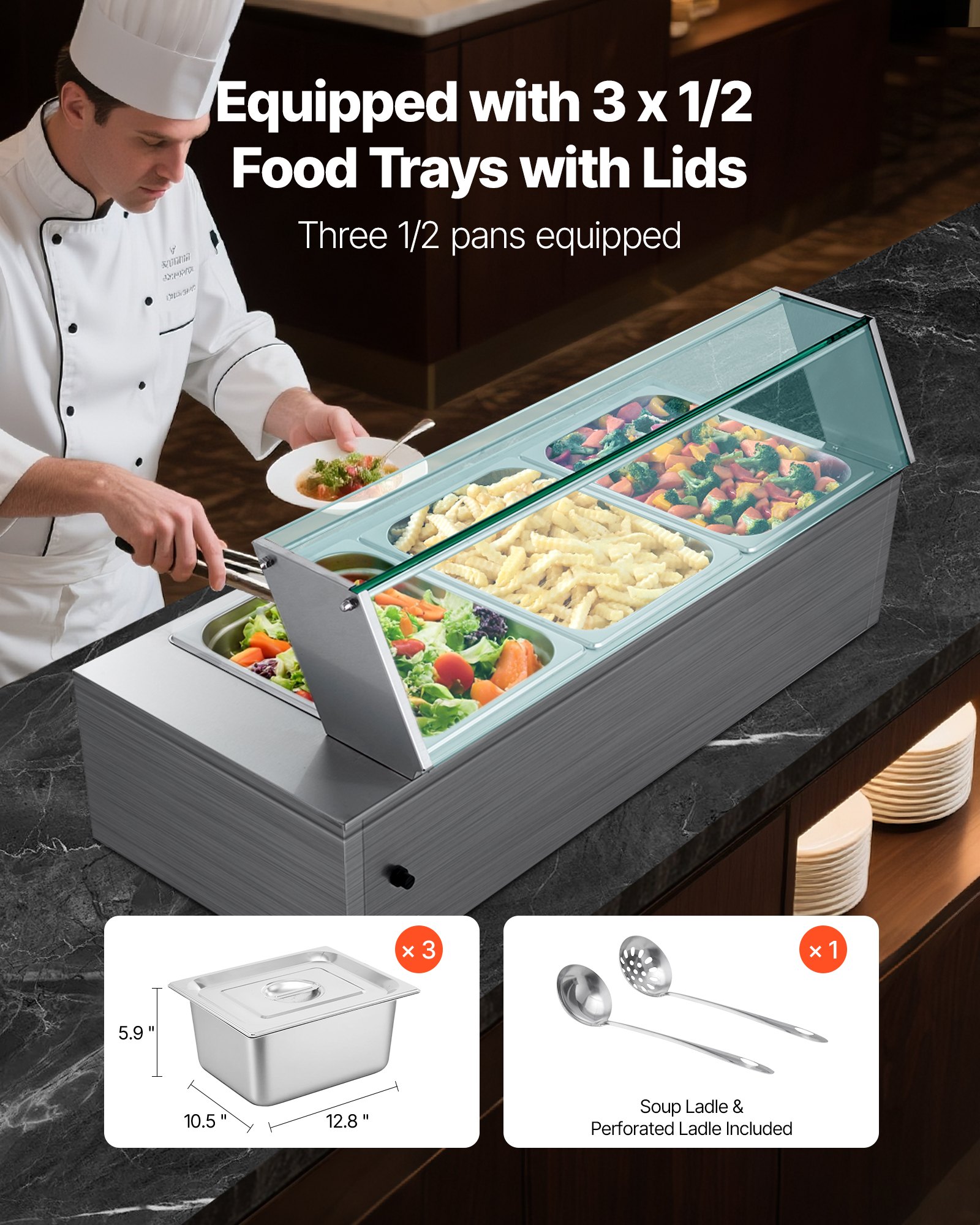 Θερμαντήρας φαγητού VEVOR Επαγγελματικός, Ηλεκτρικός θερμαντήρας φαγητού ατμού από ανοξείδωτο ατσάλι 1500W με γυάλινο κάλυμμα, Μπεν Μαρί Μπουφέ 3 Τηγανιών με Σούπα & Τρυπητές Κουτάλες, για Catering, Εστιατόριο & Πάρτι Θερμαντήρας φαγητού VEVOR Επαγγελματικός, Ηλεκτρικός θερμαντήρας φαγητού ατμού από ανοξείδωτο ατσάλι 1500W με γυάλινο κάλυμμα, Μπεν Μαρί Μπουφέ 3 Τηγανιών με Σούπα & Τρυπητές Κουτάλες, για Catering, Εστιατόριο & Πάρτι