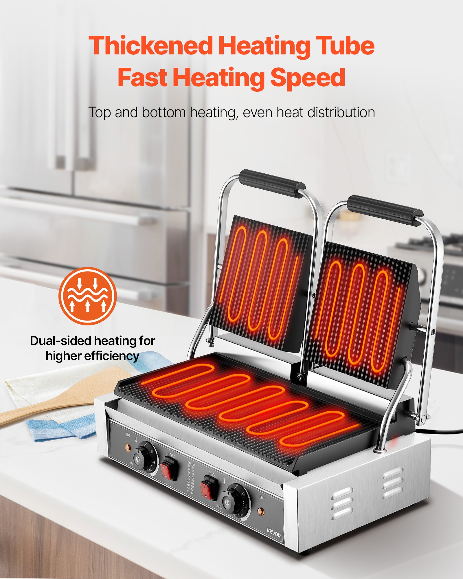 VEVOR Επαγγελματική Ψησταριά Panini, Ηλεκτρική Μηχανή Panini για Σάντουιτς 3600W, Διπλή Πρέσα Σάντουιτς από Ανοξείδωτο Ατσάλι, Έλεγχος Θερμοκρασίας Ψησταριάς Panini, Πλάκα από Σμάλτο με Πλήρεις Αυλακώσεις 48x23cm, για Χάμπουργκερ, Μοσχάρι και Μπέικον VEVOR Επαγγελματική Ψησταριά Panini, Ηλεκτρική Μηχανή Panini για Σάντουιτς 3600W, Διπλή Πρέσα Σάντουιτς από Ανοξείδωτο Ατσάλι, Έλεγχος Θερμοκρασίας Ψησταριάς Panini, Πλάκα από Σμάλτο με Πλήρεις Αυλακώσεις 48x23cm, για Χάμπουργκερ, Μοσχάρι και Μπέικον