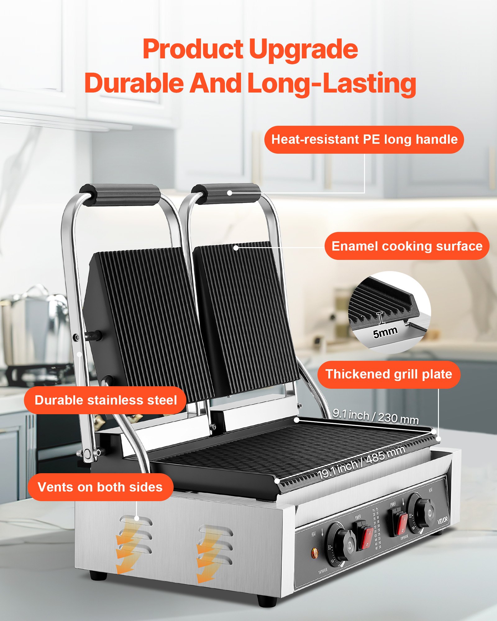 VEVOR Επαγγελματική Ψησταριά Panini, Ηλεκτρική Μηχανή Panini για Σάντουιτς 3600W, Διπλή Πρέσα Σάντουιτς από Ανοξείδωτο Ατσάλι, Έλεγχος Θερμοκρασίας Ψησταριάς Panini, Πλάκα από Σμάλτο με Πλήρεις Αυλακώσεις 48x23cm, για Χάμπουργκερ, Μοσχάρι και Μπέικον VEVOR Επαγγελματική Ψησταριά Panini, Ηλεκτρική Μηχανή Panini για Σάντουιτς 3600W, Διπλή Πρέσα Σάντουιτς από Ανοξείδωτο Ατσάλι, Έλεγχος Θερμοκρασίας Ψησταριάς Panini, Πλάκα από Σμάλτο με Πλήρεις Αυλακώσεις 48x23cm, για Χάμπουργκερ, Μοσχάρι και Μπέικον