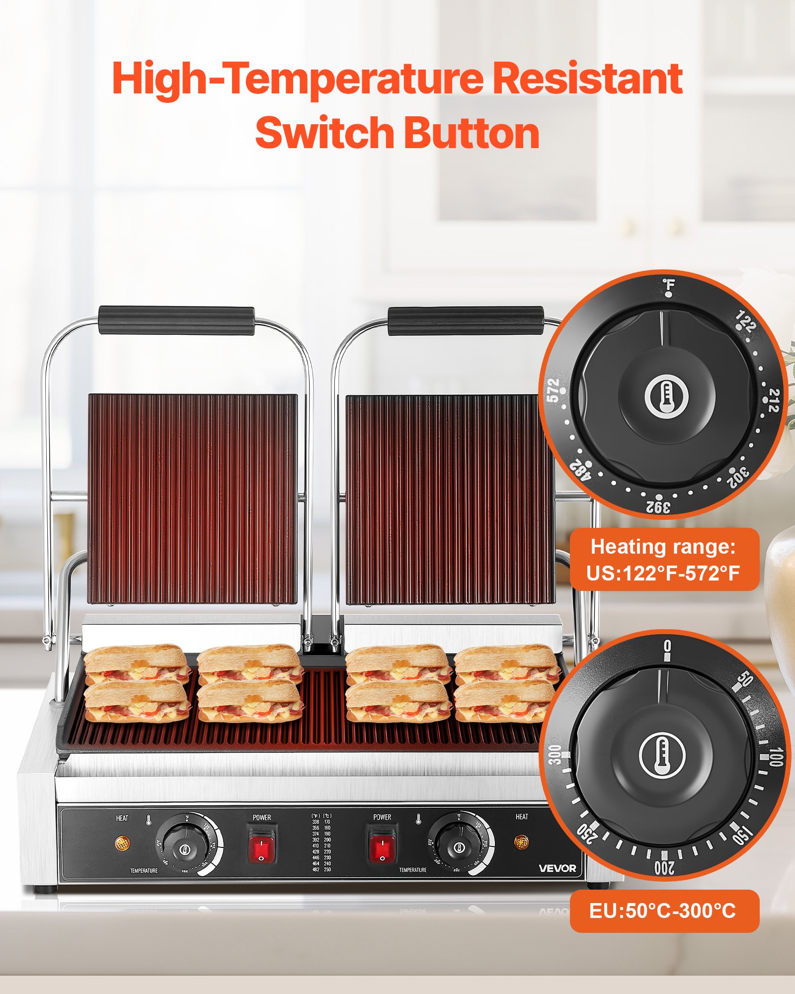 VEVOR Επαγγελματική Ψησταριά Panini, Ηλεκτρική Μηχανή Panini για Σάντουιτς 3600W, Διπλή Πρέσα Σάντουιτς από Ανοξείδωτο Ατσάλι, Έλεγχος Θερμοκρασίας Ψησταριάς Panini, Πλάκα από Σμάλτο με Πλήρεις Αυλακώσεις 48x23cm, για Χάμπουργκερ, Μοσχάρι και Μπέικον VEVOR Επαγγελματική Ψησταριά Panini, Ηλεκτρική Μηχανή Panini για Σάντουιτς 3600W, Διπλή Πρέσα Σάντουιτς από Ανοξείδωτο Ατσάλι, Έλεγχος Θερμοκρασίας Ψησταριάς Panini, Πλάκα από Σμάλτο με Πλήρεις Αυλακώσεις 48x23cm, για Χάμπουργκερ, Μοσχάρι και Μπέικον