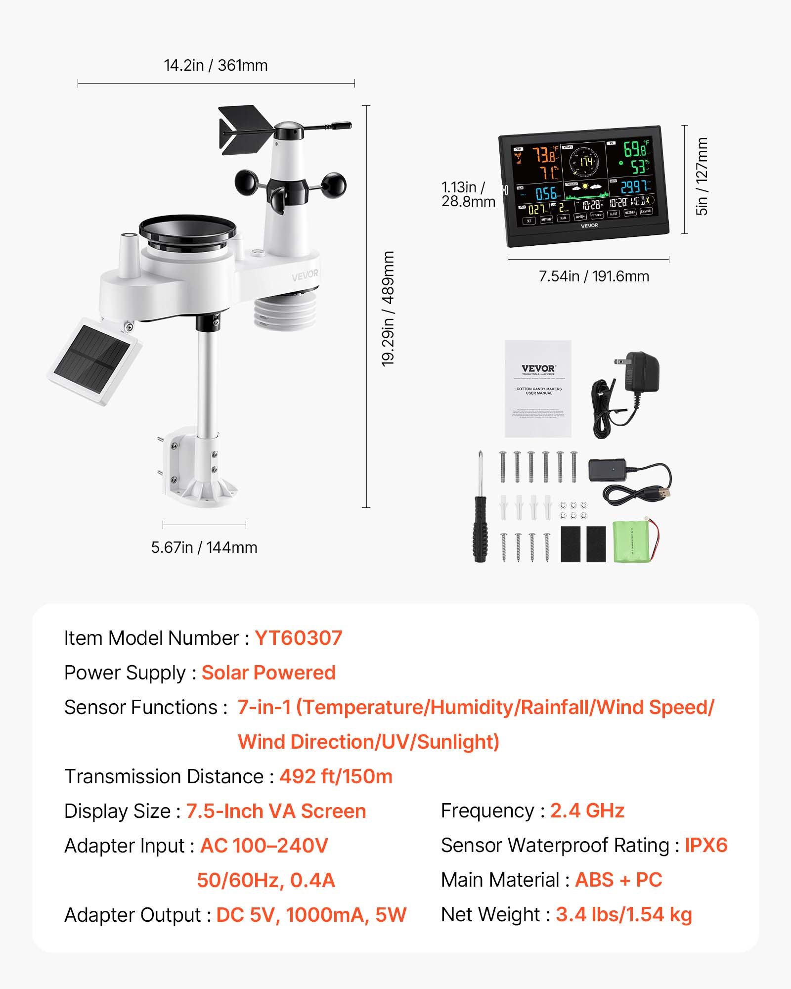 Μετεωρολογικός σταθμός VEVOR 7 σε 1 Wi-Fi με εφαρμογή APP, οθόνη VA 190,5 mm, ασύρματος αισθητήρας εξωτερικού χώρου με ηλιακή ενέργεια, βροχόμετρο, εσωτερικός/εξωτερικός χώρος για πρόγνωση καιρού, ταχύτητα ανέμου, θερμοκρασία, υγρασία, βροχόπτωση Μετεωρολογικός σταθμός VEVOR 7 σε 1 Wi-Fi με εφαρμογή APP, οθόνη VA 190,5 mm, ασύρματος αισθητήρας εξωτερικού χώρου με ηλιακή ενέργεια, βροχόμετρο, εσωτερικός/εξωτερικός χώρος για πρόγνωση καιρού, ταχύτητα ανέμου, θερμοκρασία, υγρασία, βροχόπτωση