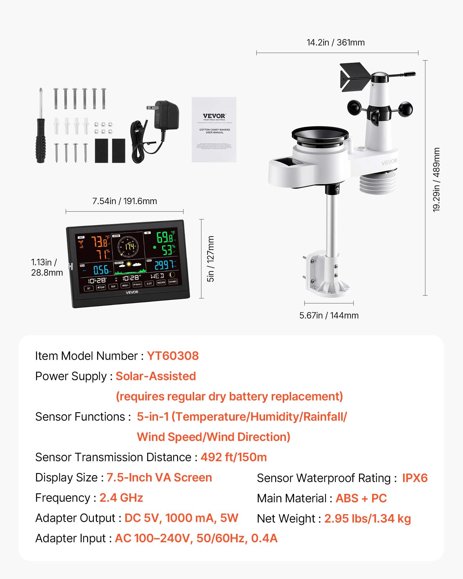 Μετεωρολογικός σταθμός VEVOR 5 σε 1 Wi-Fi, οθόνη VA 190,5 mm, ασύρματος αισθητήρας εξωτερικού χώρου με ηλιακή ενέργεια, βροχόμετρο, εσωτερικός/εξωτερικός χώρος για πρόγνωση καιρού, ταχύτητα ανέμου, κατεύθυνση, θερμοκρασία, υγρασία, βροχόπτωση Μετεωρολογικός σταθμός VEVOR 5 σε 1 Wi-Fi, οθόνη VA 190,5 mm, ασύρματος αισθητήρας εξωτερικού χώρου με ηλιακή ενέργεια, βροχόμετρο, εσωτερικός/εξωτερικός χώρος για πρόγνωση καιρού, ταχύτητα ανέμου, κατεύθυνση, θερμοκρασία, υγρασία, βροχόπτωση