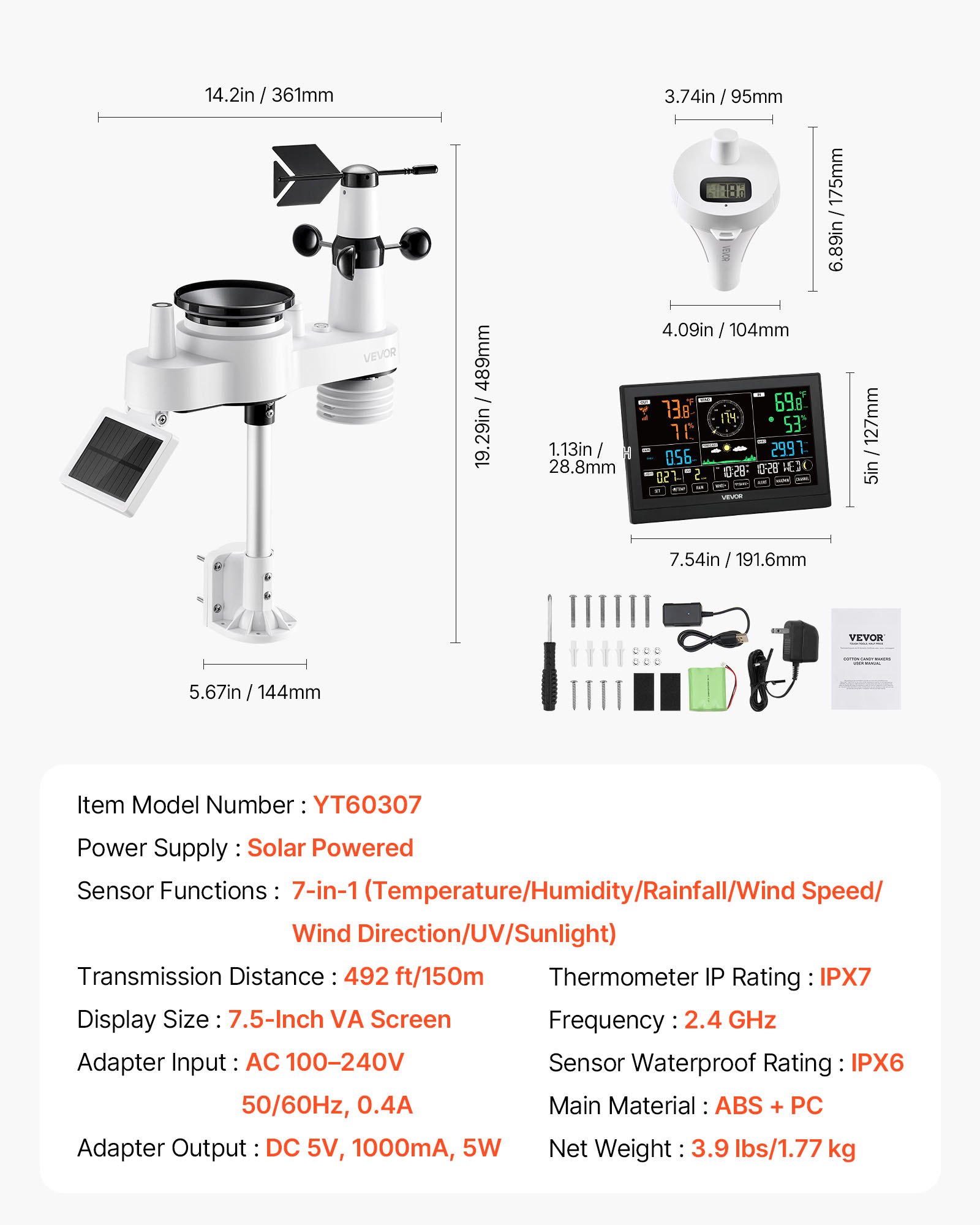 Μετεωρολογικός σταθμός VEVOR 7 σε 1 Wi-Fi με εφαρμογή, οθόνη 190,5 mm, ασύρματος ηλιακός αισθητήρας εξωτερικού χώρου, με θερμόμετρο πισίνας, βροχόμετρο, εσωτερική/εξωτερική πρόγνωση καιρού, ταχύτητα ανέμου, θερμοκρασία πισίνας Μετεωρολογικός σταθμός VEVOR 7 σε 1 Wi-Fi με εφαρμογή, οθόνη 190,5 mm, ασύρματος ηλιακός αισθητήρας εξωτερικού χώρου, με θερμόμετρο πισίνας, βροχόμετρο, εσωτερική/εξωτερική πρόγνωση καιρού, ταχύτητα ανέμου, θερμοκρασία πισίνας