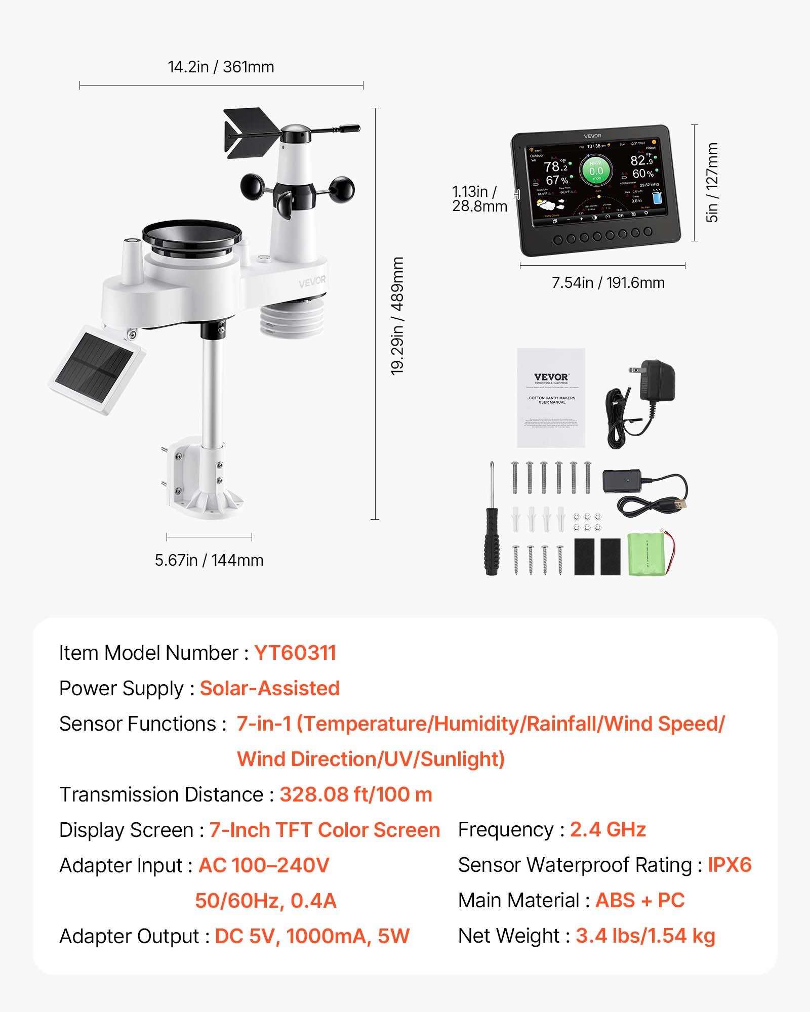 Μετεωρολογικός σταθμός VEVOR 7 σε 1 Wi-Fi, οθόνη TFT 177,8 mm, ασύρματος αισθητήρας εξωτερικού χώρου με ηλιακή ενέργεια, βροχόμετρο, εσωτερικός/εξωτερικός χώρος για πρόγνωση καιρού, ταχύτητα ανέμου, κατεύθυνση, θερμοκρασία, υγρασία, βροχόπτωση Μετεωρολογικός σταθμός VEVOR 7 σε 1 Wi-Fi, οθόνη TFT 177,8 mm, ασύρματος αισθητήρας εξωτερικού χώρου με ηλιακή ενέργεια, βροχόμετρο, εσωτερικός/εξωτερικός χώρος για πρόγνωση καιρού, ταχύτητα ανέμου, κατεύθυνση, θερμοκρασία, υγρασία, βροχόπτωση