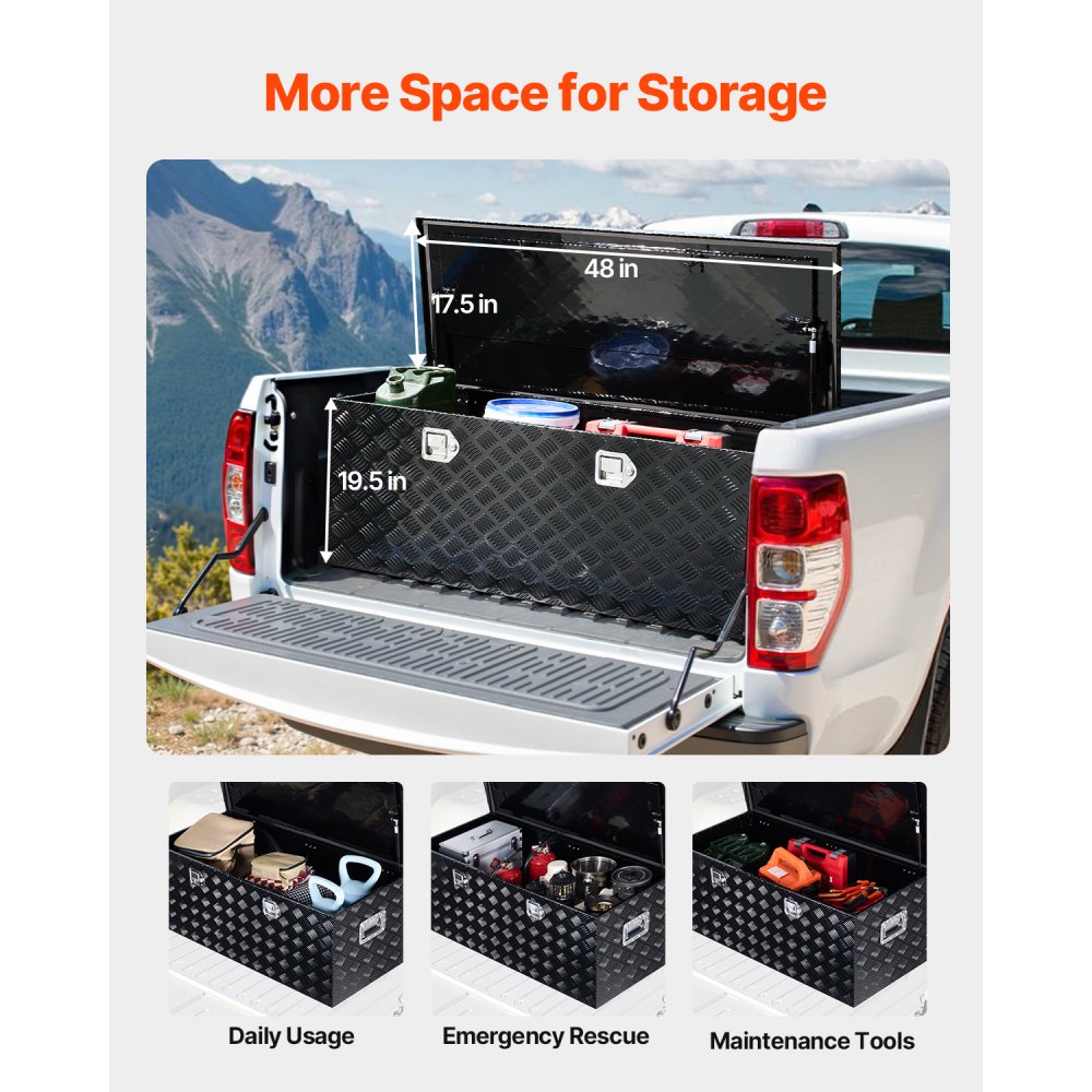 Εργαλειοθήκη βαρέως τύπου αλουμινίου VEVOR, Ριγέ επιμεταλλωμένη εργαλειοθήκη με πλαϊνή λαβή και κλειδαριές, Οργανωτής μπαούλου για ρυμουλκούμενο, Pickup, 48"x19,5"x17,5"(1219,2x495,3x444,5mm), Μαύρο Εργαλειοθήκη βαρέως τύπου αλουμινίου VEVOR, Ριγέ επιμεταλλωμένη εργαλειοθήκη με πλαϊνή λαβή και κλειδαριές, Οργανωτής μπαούλου για ρυμουλκούμενο, Pickup, 48"x19,5"x17,5"(1219,2x495,3x444,5mm), Μαύρο