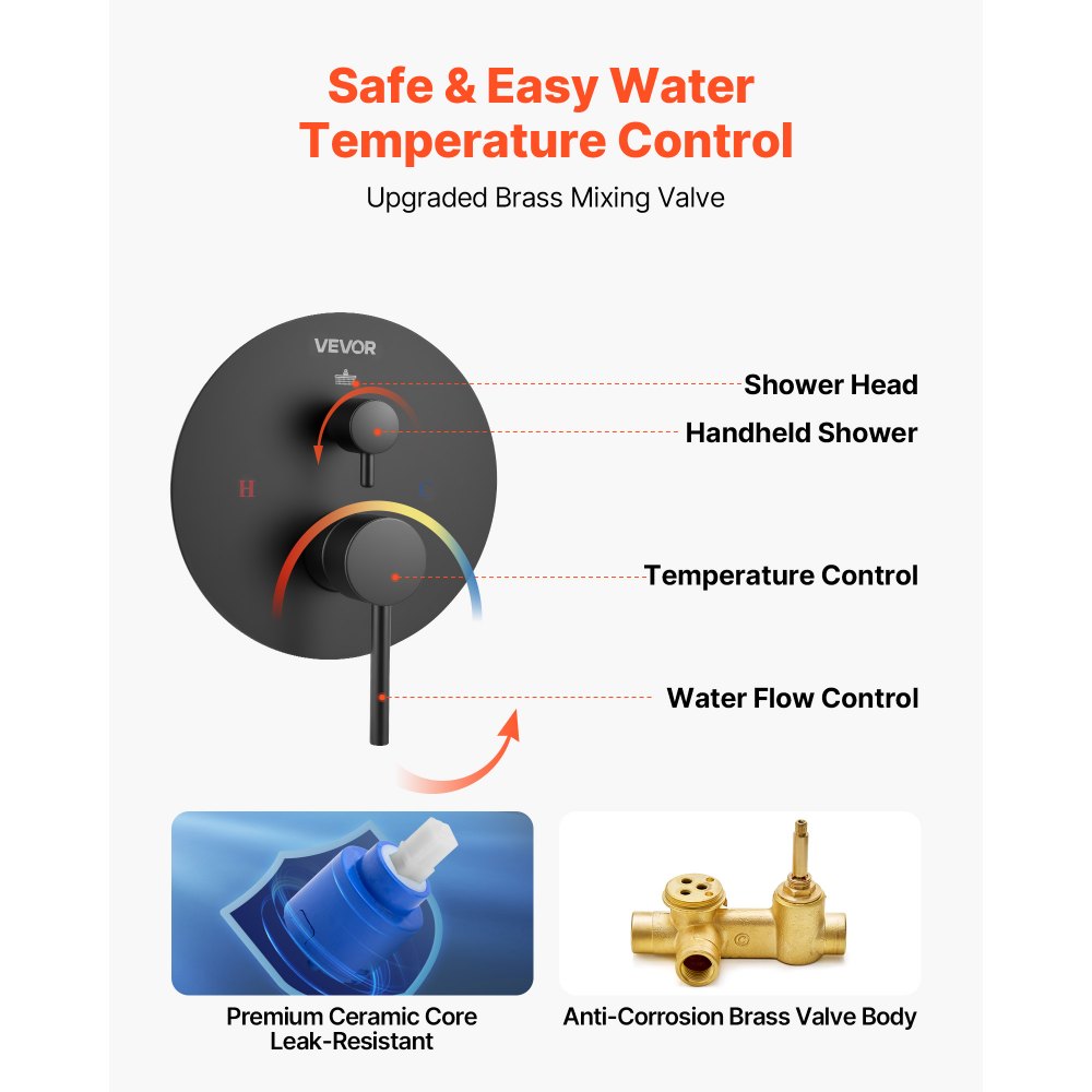 Σετ βρύσης ντους VEVOR, Σύστημα ντους μπάνιου βροχής με στρογγυλή κεφαλή ντους βροχής 8 ιντσών (20,3 cm) και φορητό ψεκαστήρα, Επιτοίχια φωτιστικά μπάνιου με ορειχάλκινη βαλβίδα και κιτ επένδυσης, Ματ μαύρο Σετ βρύσης ντους VEVOR, Σύστημα ντους μπάνιου βροχής με στρογγυλή κεφαλή ντους βροχής 8 ιντσών (20,3 cm) και φορητό ψεκαστήρα, Επιτοίχια φωτιστικά μπάνιου με ορειχάλκινη βαλβίδα και κιτ επένδυσης, Ματ μαύρο