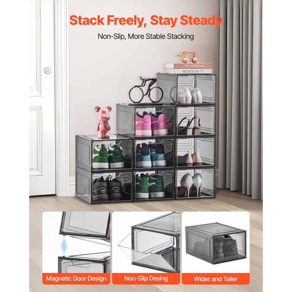 Κουτιά αποθήκευσης παπουτσιών VEVOR, Συσκευασία 9 τεμαχίων με διαφανή στοιβαζόμενα κουτιά παπουτσιών, οργανωτές αποθήκευσης με μαγνητική πόρτα, Χωρητικότητα έως και μέγεθος 13 ΗΠΑ, Πλαστικά δοχεία για αθλητικά παπούτσια για ψηλοτάκουνα, μπότες και καπέλα, Διαφανές μαύρο Κουτιά αποθήκευσης παπουτσιών VEVOR, Συσκευασία 9 τεμαχίων με διαφανή στοιβαζόμενα κουτιά παπουτσιών, οργανωτές αποθήκευσης με μαγνητική πόρτα, Χωρητικότητα έως και μέγεθος 13 ΗΠΑ, Πλαστικά δοχεία για αθλητικά παπούτσια για ψηλοτάκουνα, μπότες και καπέλα, Διαφανές μαύρο