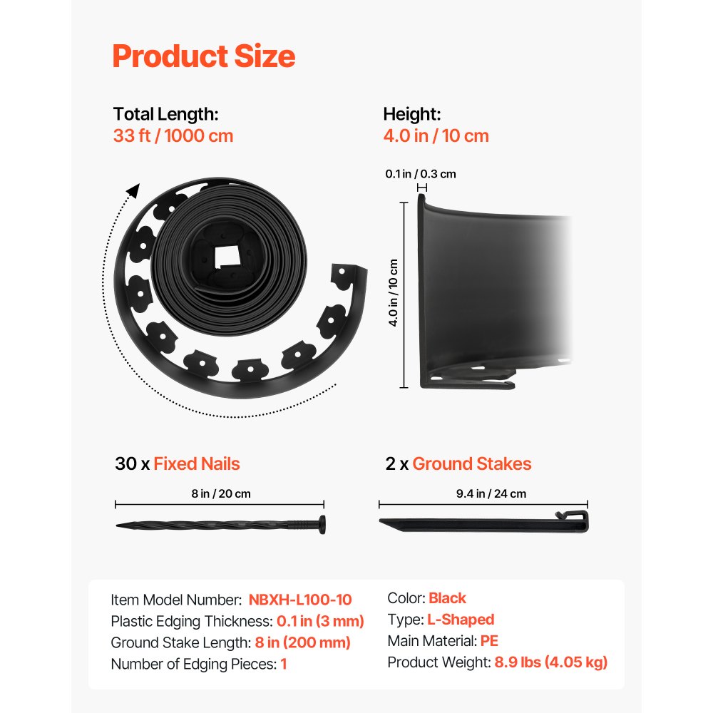 VEVOR Περιθώρια Τοπίου, Πλαστικά Περιθώρια Κήπου 1000 x 10 cm με 30 Καρφιά & 2 Πασσάλους Εδάφους, Χωρίς Σκάψιμο, Εύκαμπτα Περιθώρια Χλοοτάπητα σε Ρολό, Ανθεκτικά στην UV Ακτινοβολία Μίνι Περιθώρια Φράχτη για Παρτέρια και Πλακόστρωτα Κήπου VEVOR Περιθώρια Τοπίου, Πλαστικά Περιθώρια Κήπου 1000 x 10 cm με 30 Καρφιά & 2 Πασσάλους Εδάφους, Χωρίς Σκάψιμο, Εύκαμπτα Περιθώρια Χλοοτάπητα σε Ρολό, Ανθεκτικά στην UV Ακτινοβολία Μίνι Περιθώρια Φράχτη για Παρτέρια και Πλακόστρωτα Κήπου