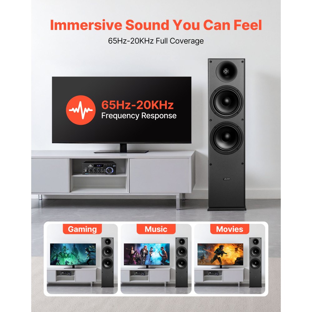 Ηχεία δαπέδου VEVOR, 2 δρόμων, επιδαπέδια ηχεία πύργου με tweeter 25,4 mm, διπλά woofer 165,1 mm, κορυφή 400W, απόκριση συχνότητας 65Hz–20kHz, ανθεκτικό περίβλημα MDF, για οικιακό ήχο, ζεύγος Ηχεία δαπέδου VEVOR, 2 δρόμων, επιδαπέδια ηχεία πύργου με tweeter 25,4 mm, διπλά woofer 165,1 mm, κορυφή 400W, απόκριση συχνότητας 65Hz–20kHz, ανθεκτικό περίβλημα MDF, για οικιακό ήχο, ζεύγος