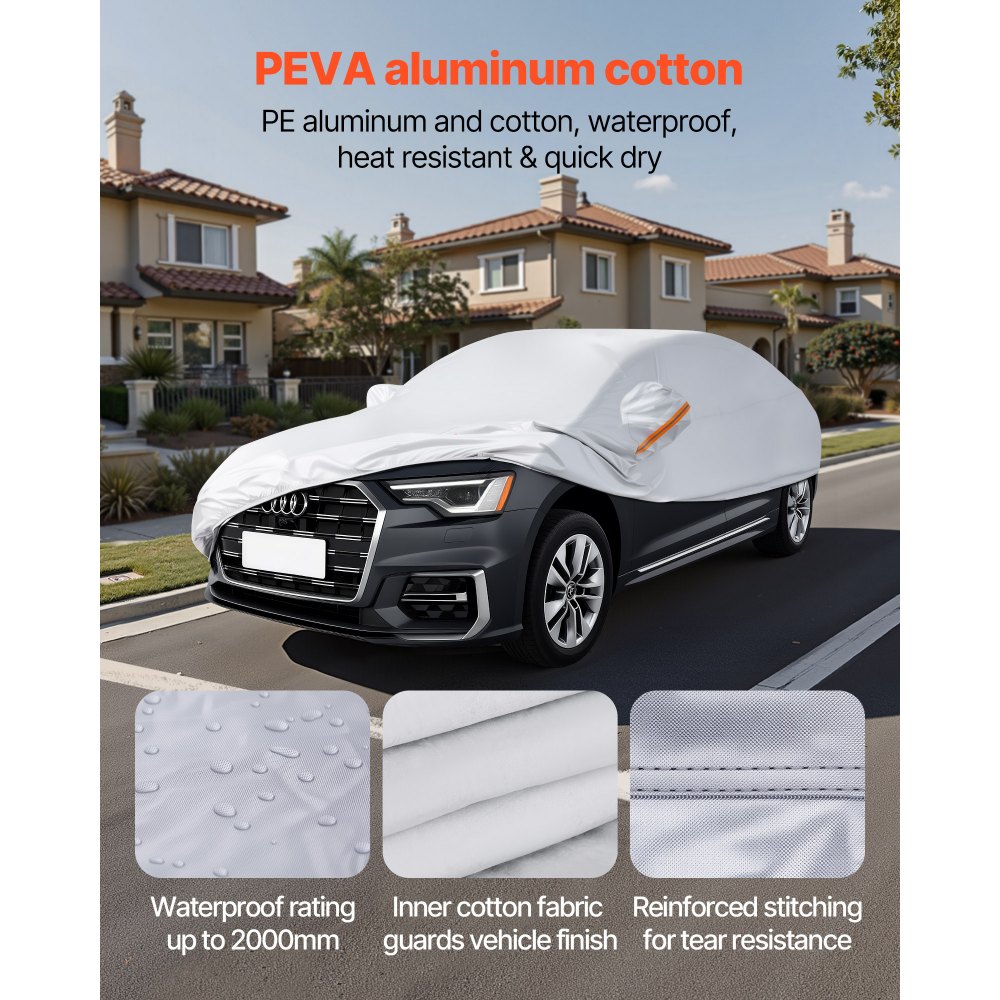 Κάλυμμα αυτοκινήτου VEVOR, Αδιάβροχο κάλυμμα αυτοκινήτου για μοντέλα ευρωπαϊκών αυτοκινήτων Sedan πλήρους μεγέθους, Προσαρμοσμένη εφαρμογή παντός καιρού, ήλιος, βροχή, άνεμος, σκόνη, χιόνι, προστασία από σκόνη, πλήρες εξωτερικό κάλυμμα με φερμουάρ πόρτας και βαμβακερή επένδυση, ασημί Κάλυμμα αυτοκινήτου VEVOR, Αδιάβροχο κάλυμμα αυτοκινήτου για μοντέλα ευρωπαϊκών αυτοκινήτων Sedan πλήρους μεγέθους, Προσαρμοσμένη εφαρμογή παντός καιρού, ήλιος, βροχή, άνεμος, σκόνη, χιόνι, προστασία από σκόνη, πλήρες εξωτερικό κάλυμμα με φερμουάρ πόρτας και βαμβακερή επένδυση, ασημί