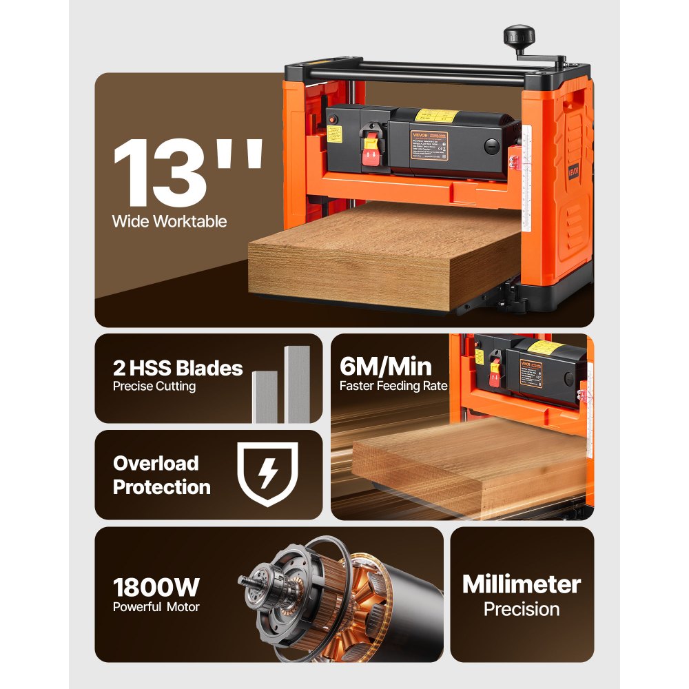 Πλάνη πάχους VEVOR, δύο λεπίδων, πλάτος εργασίας 330 mm, ισχυρός κινητήρας 1800W 23500 σ.α.λ., διπλοί κύλινδροι, προστασία από υπερφόρτωση, ξυλουργική μονής ταχύτητας, για σκληρό και μαλακό ξύλο Πλάνη πάχους VEVOR, δύο λεπίδων, πλάτος εργασίας 330 mm, ισχυρός κινητήρας 1800W 23500 σ.α.λ., διπλοί κύλινδροι, προστασία από υπερφόρτωση, ξυλουργική μονής ταχύτητας, για σκληρό και μαλακό ξύλο