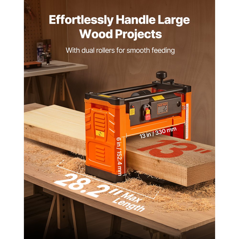 Πλάνη πάχους VEVOR, δύο λεπίδων, πλάτος εργασίας 330 mm, ισχυρός κινητήρας 1800W 23500 σ.α.λ., διπλοί κύλινδροι, προστασία από υπερφόρτωση, ξυλουργική μονής ταχύτητας, για σκληρό και μαλακό ξύλο Πλάνη πάχους VEVOR, δύο λεπίδων, πλάτος εργασίας 330 mm, ισχυρός κινητήρας 1800W 23500 σ.α.λ., διπλοί κύλινδροι, προστασία από υπερφόρτωση, ξυλουργική μονής ταχύτητας, για σκληρό και μαλακό ξύλο