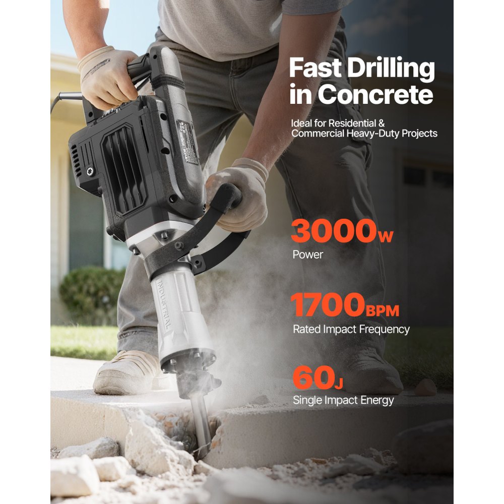 Σφυρί κατεδάφισης VEVOR, Ισχυρό ηλεκτρικό σφυρί 3000 W, Θραυστήρας σκυροδέματος 1700 BPM με αιχμηρή σμίλη, Θήκη μεταφοράς, Γάντια, Προστατευτικά γυαλιά, για σκυρόδεμα, τοίχο, τούβλο, πλακάκια και θεμέλια Σφυρί κατεδάφισης VEVOR, Ισχυρό ηλεκτρικό σφυρί 3000 W, Θραυστήρας σκυροδέματος 1700 BPM με αιχμηρή σμίλη, Θήκη μεταφοράς, Γάντια, Προστατευτικά γυαλιά, για σκυρόδεμα, τοίχο, τούβλο, πλακάκια και θεμέλια