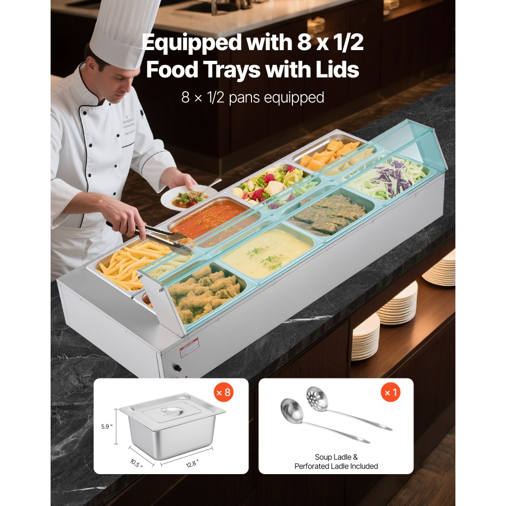 Θερμαντήρας φαγητού VEVOR Επαγγελματικός, Ηλεκτρικός θερμαντήρας φαγητού ατμού από ανοξείδωτο ατσάλι 1700W με γυάλινο κάλυμμα, Μπεν Μαρί μπουφέ 8 ταψιών με σούπα και τρυπητές κουτάλες, για Catering, εστιατόριο και πάρτι Θερμαντήρας φαγητού VEVOR Επαγγελματικός, Ηλεκτρικός θερμαντήρας φαγητού ατμού από ανοξείδωτο ατσάλι 1700W με γυάλινο κάλυμμα, Μπεν Μαρί μπουφέ 8 ταψιών με σούπα και τρυπητές κουτάλες, για Catering, εστιατόριο και πάρτι